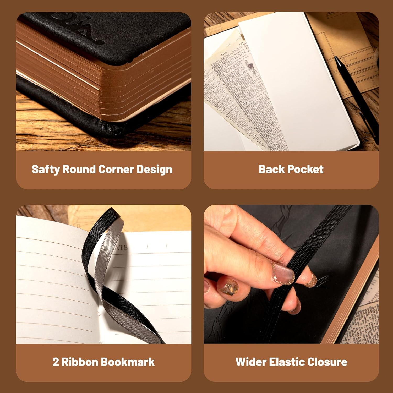 CAGIE Compass Leather Notebook Journal for Men, 100 GSM 288 Pages Lined Journals for Writing, A5 Hardcover Journaling Notebooks Gift Set with Pen for Travel Office Daily Writing - Black - Brown image number 6