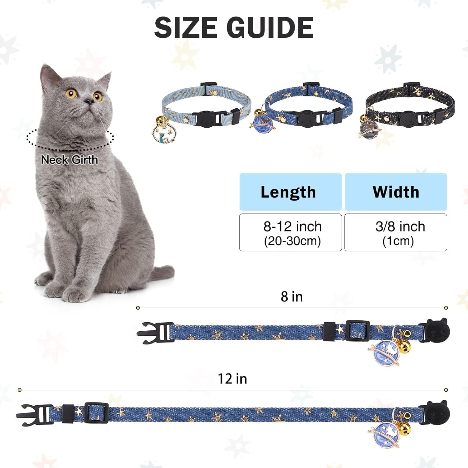 3 Pack Breakaway Cat Collars with Bell- Moon and Stars Pendant Cat Collar for Girl Boy Cats with Safety Buckle- Cute Kitten Collar Adjustable 8"-12" for Kitty Puppy Small Pets image number 3