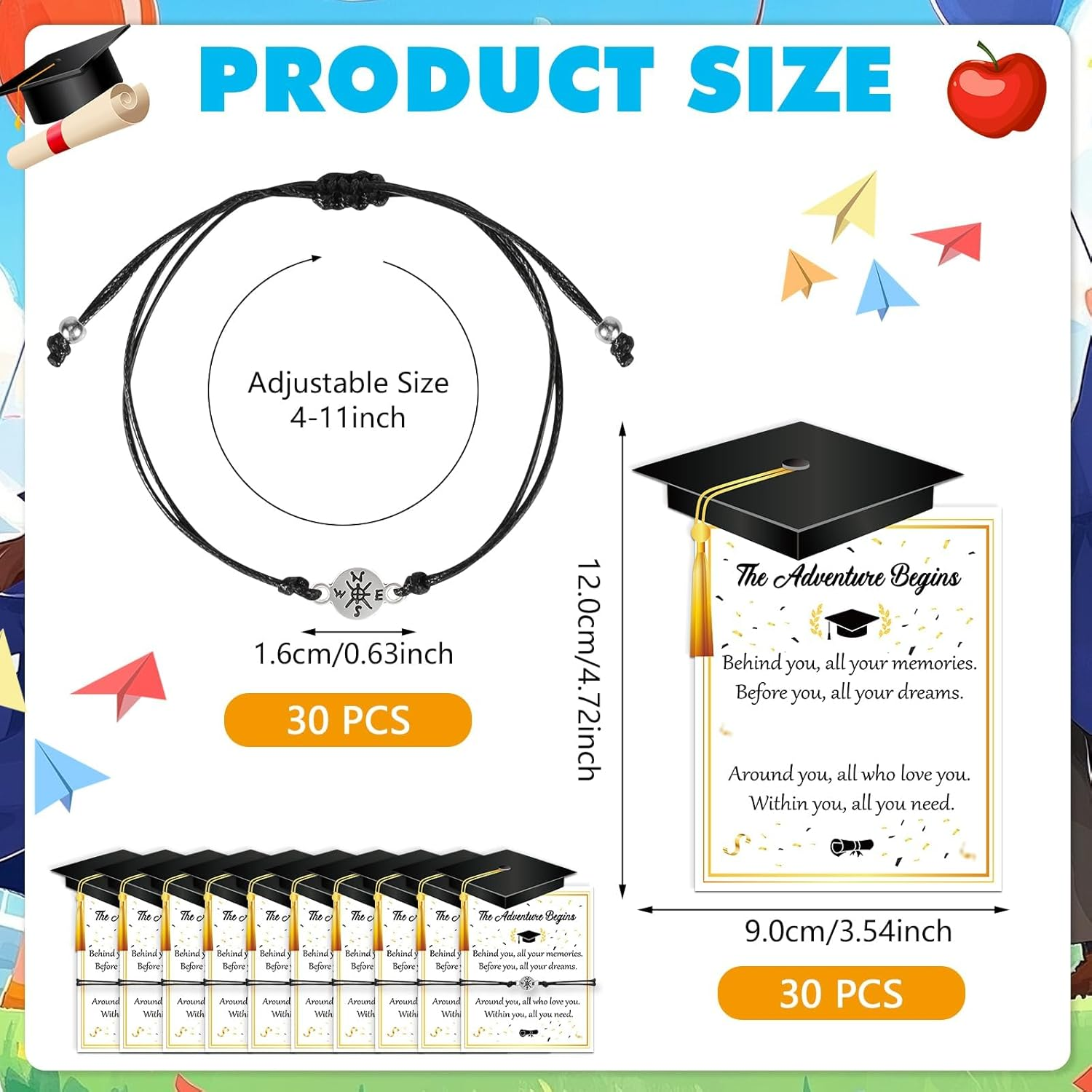 Hapurs 30 Pack Graduation for Her Him 2025, School Leavers Gifts 2025 for Students, Adjustable Woven Compass Bracelet Cards Graduation Party Favours, Nursery Preschool Prom Gift Bulk End of Year image number 5