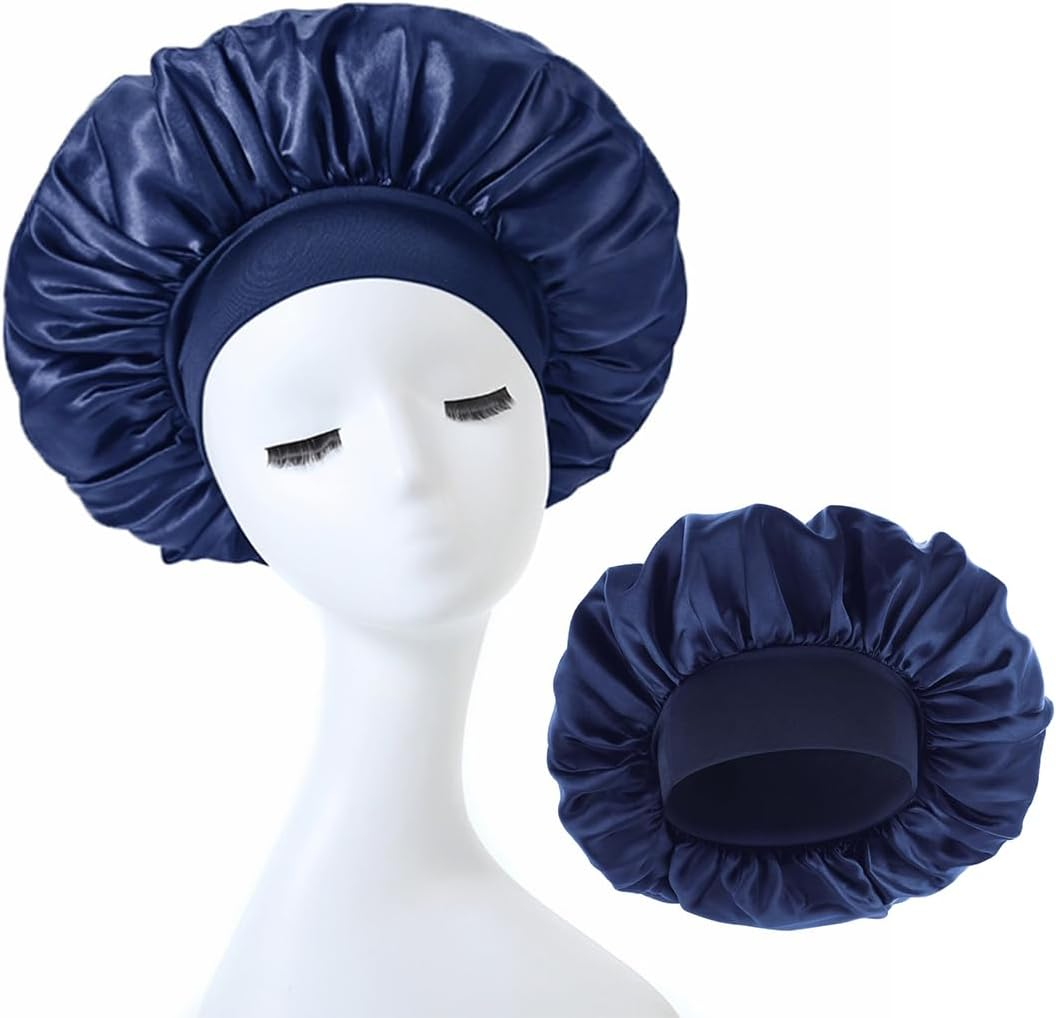 VIVIIHOO Silk Bonnet for Men - Black Satin Silk Bonnet with Adjustable Elastic Band - Soft, Comfortable and Ideal for Sleeping - Large Bonnet for Men and Women (Navy Blue) image number 4
