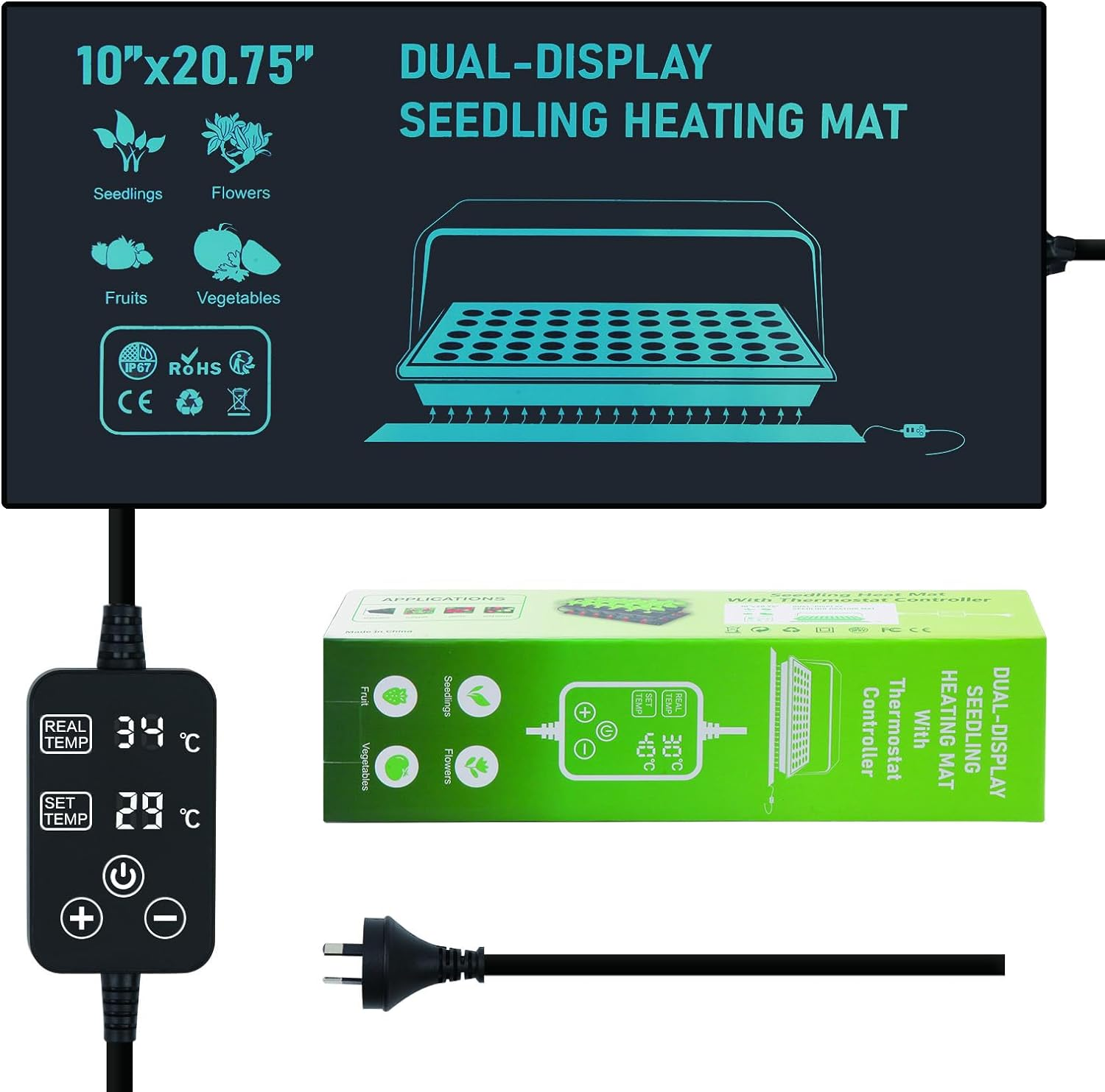 30W Seedling Heat Mat with Thermostat Control 52X25Cm Heating Pad Waterproof for Plant Germination Hydroponics Indoor Seed Starting Digital Thermostat Control Monitor Indoor Thermometer image number 4