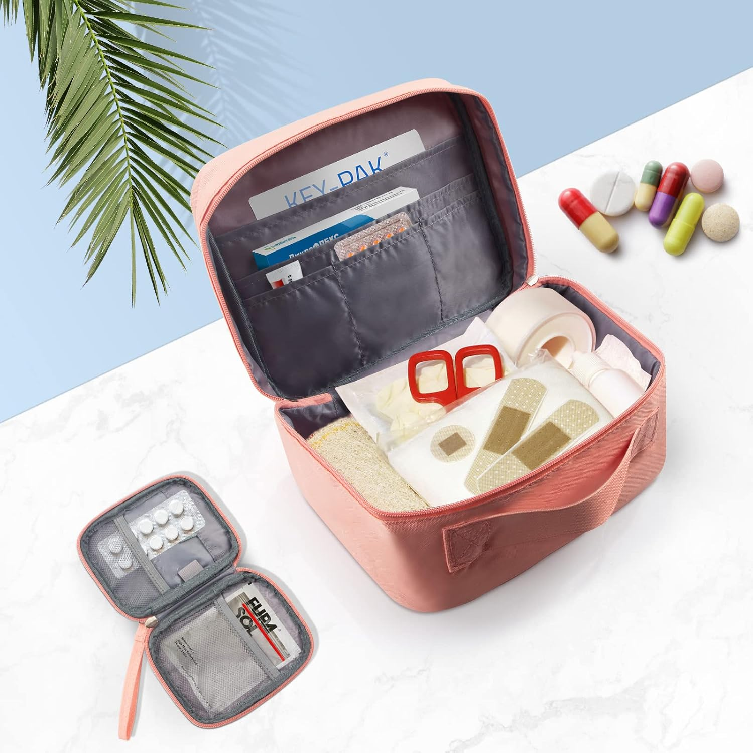 Portable First Aid Bag Empty Medical Supplies Bag with a Mini Pouch Travel Medicine Bag Cosmetic Organizer for Home Camping Hiking Office (Pink) - Pink image number 5