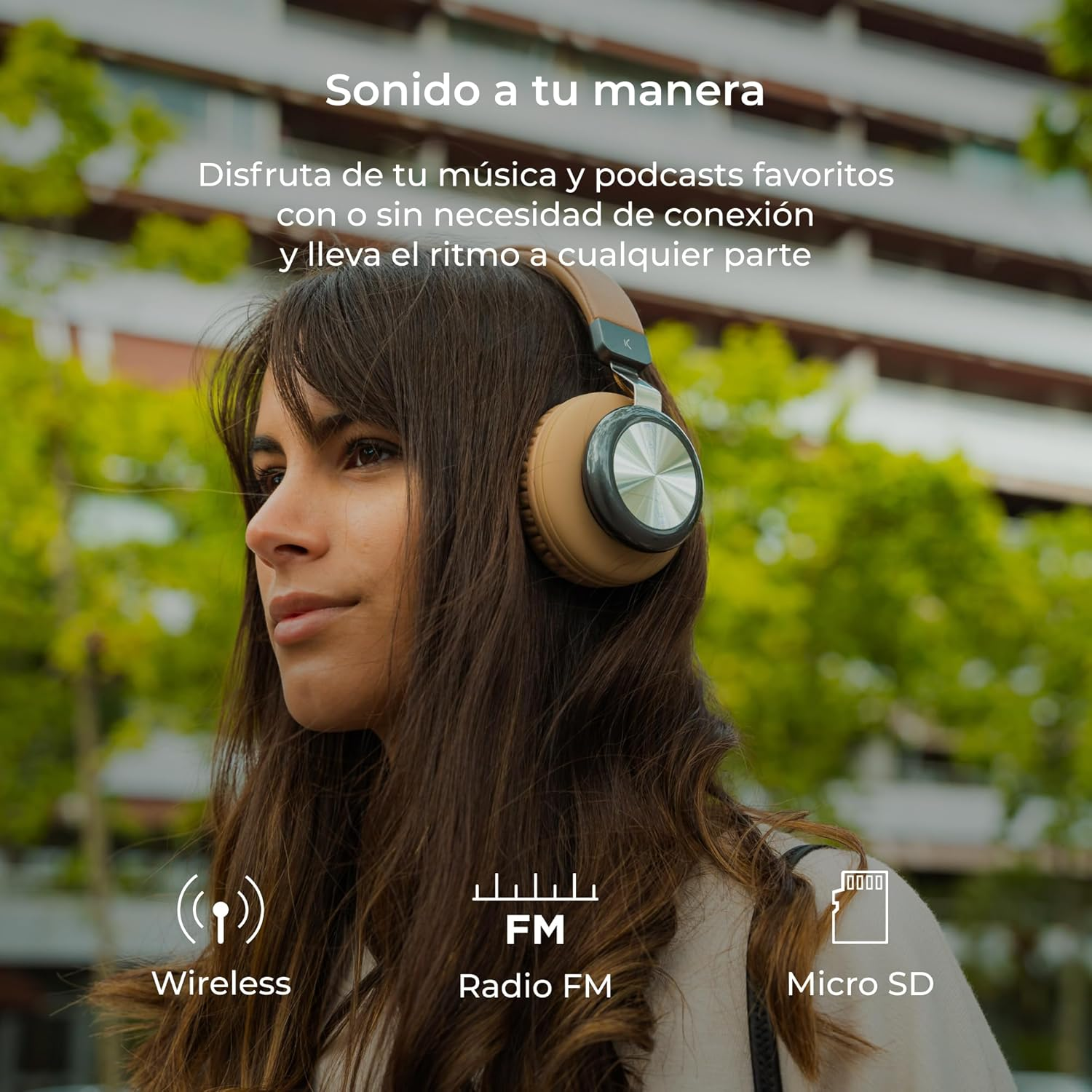 KSIX Wireless Headphones Retro 2, FM Radio, SD Card, Bluetooth 5.0, up to 10 Hours Runtime, Brown image number 1