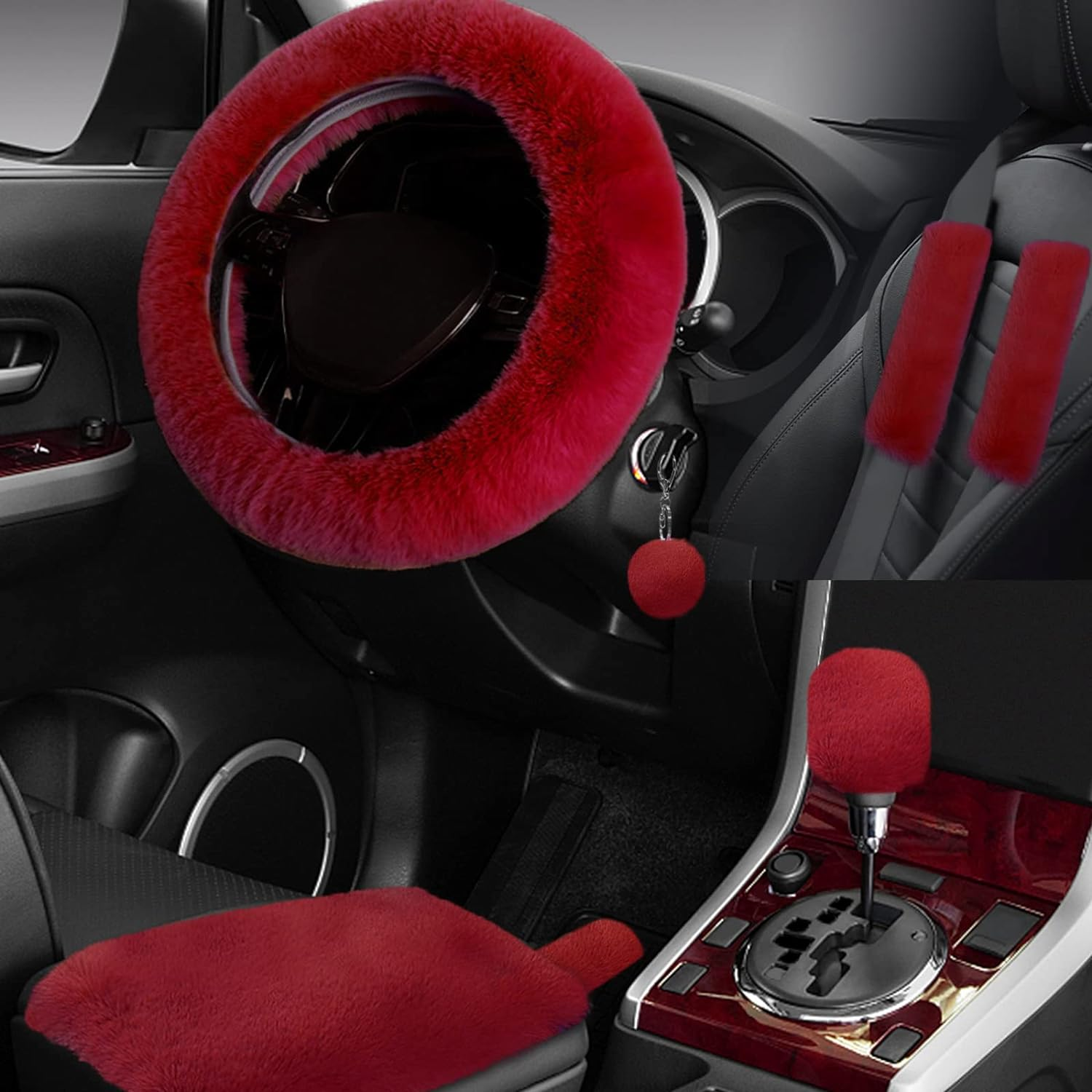 Wazzh 7PCS Set Car Interior Aesthetic Accessories, Fluffy 15 Inch Steering Wheel Cover, Armrest Pad, Seat Belt Cover,Gear Shift Cover, Fit Girly Car Accessories for Women. - Black image number 6