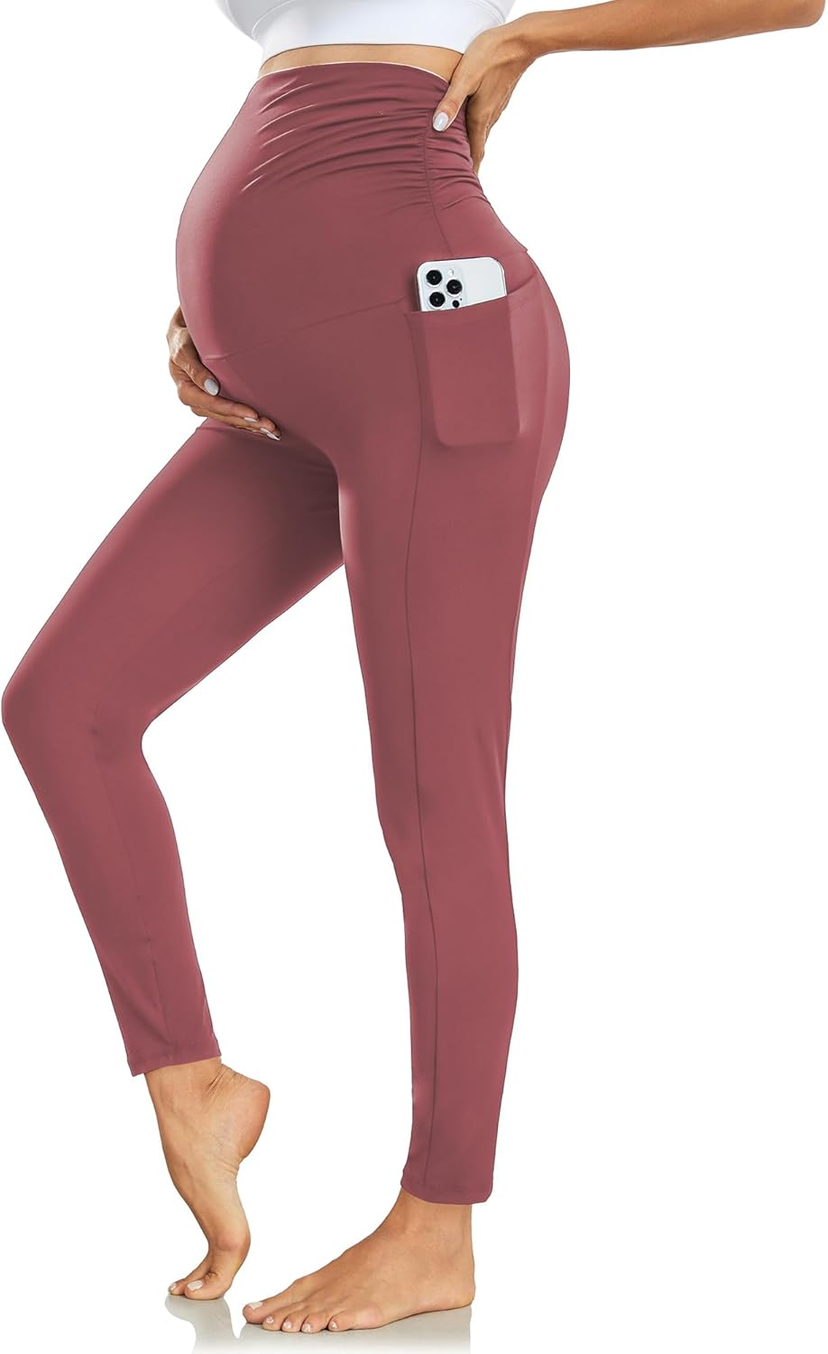 Women'S Maternity Leggings with Pockets High Waistband Pregnancy Leggings Opaque Elastic Maternity Leggings for Pregnant Women, Carmesin Red, L image number 3