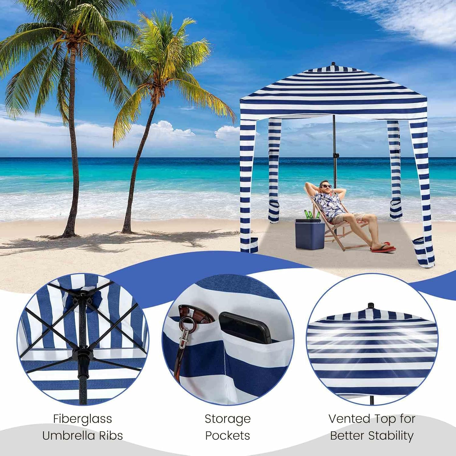 Costway 1.8 X 1.8M Foldable Beach Cabana Tent, Portable Beach Canopy with Carrying Bag, Detachable Sidewall, 8 Sandbags, Sun-Protection Outdoor Shade Instant Sun Shelter for Beach Patio Camping Picnic image number 6