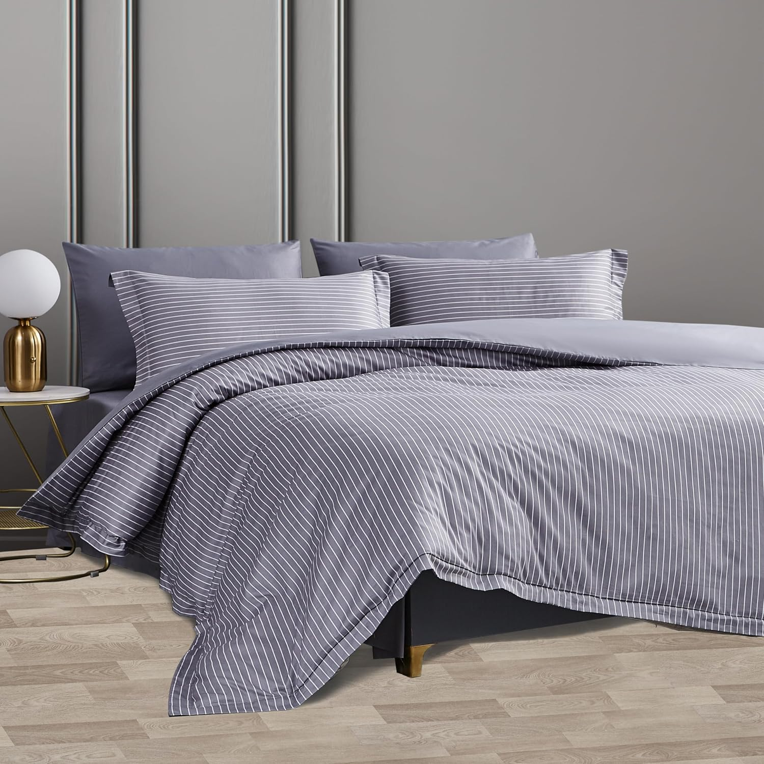 ACCURATEX Quilt Cover Set Double Size,400Tc Long Staple Cotton, Sateen Weave Percale Luxe Comforter Cover with Zipper Closure&Corner Ties,3 Pcs Hotel Duvet Cover with Pillow Shams(Striped Grey180X210)