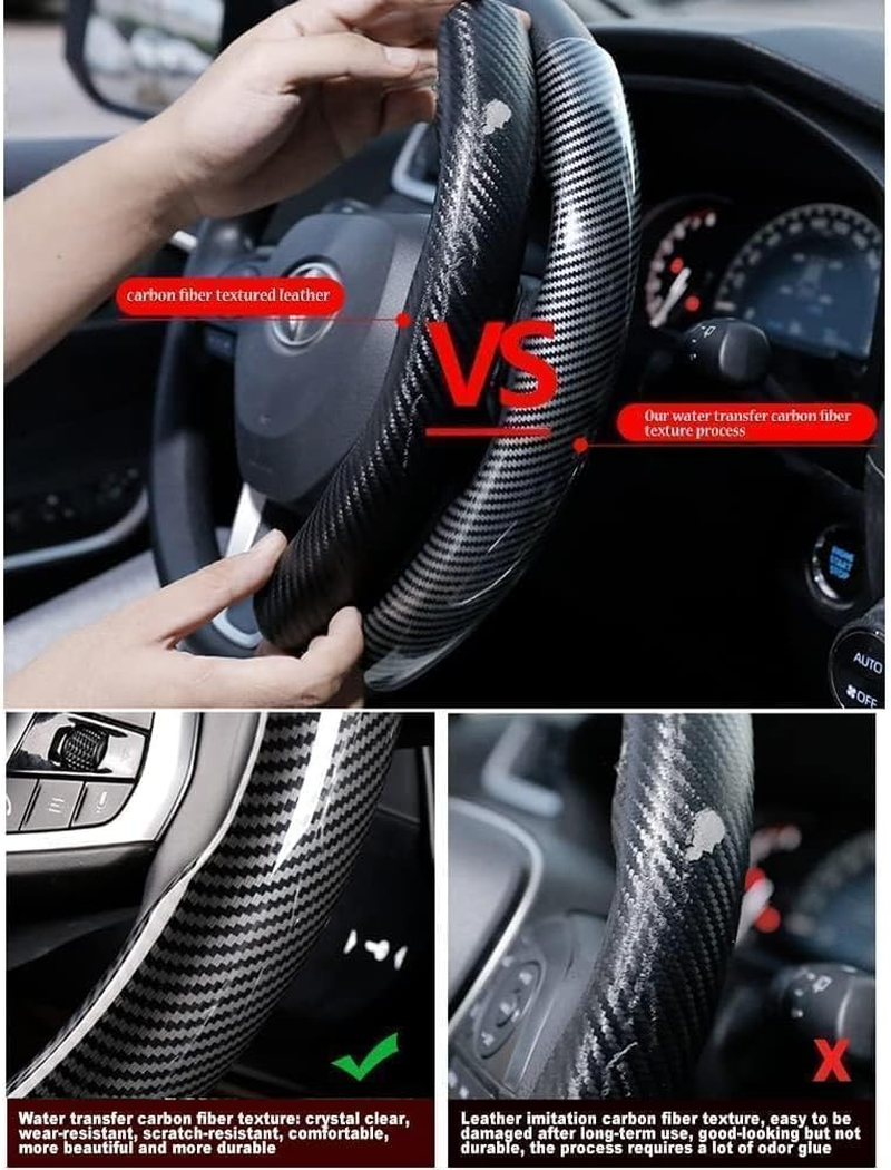 AUTOXBERT Carbon Fiber Car Steering Wheel Cover Universal Sports Steering Wheel Cover Anti-Skid Segmented Steering Wheel Protector Accessories (Black) - Red image number 2