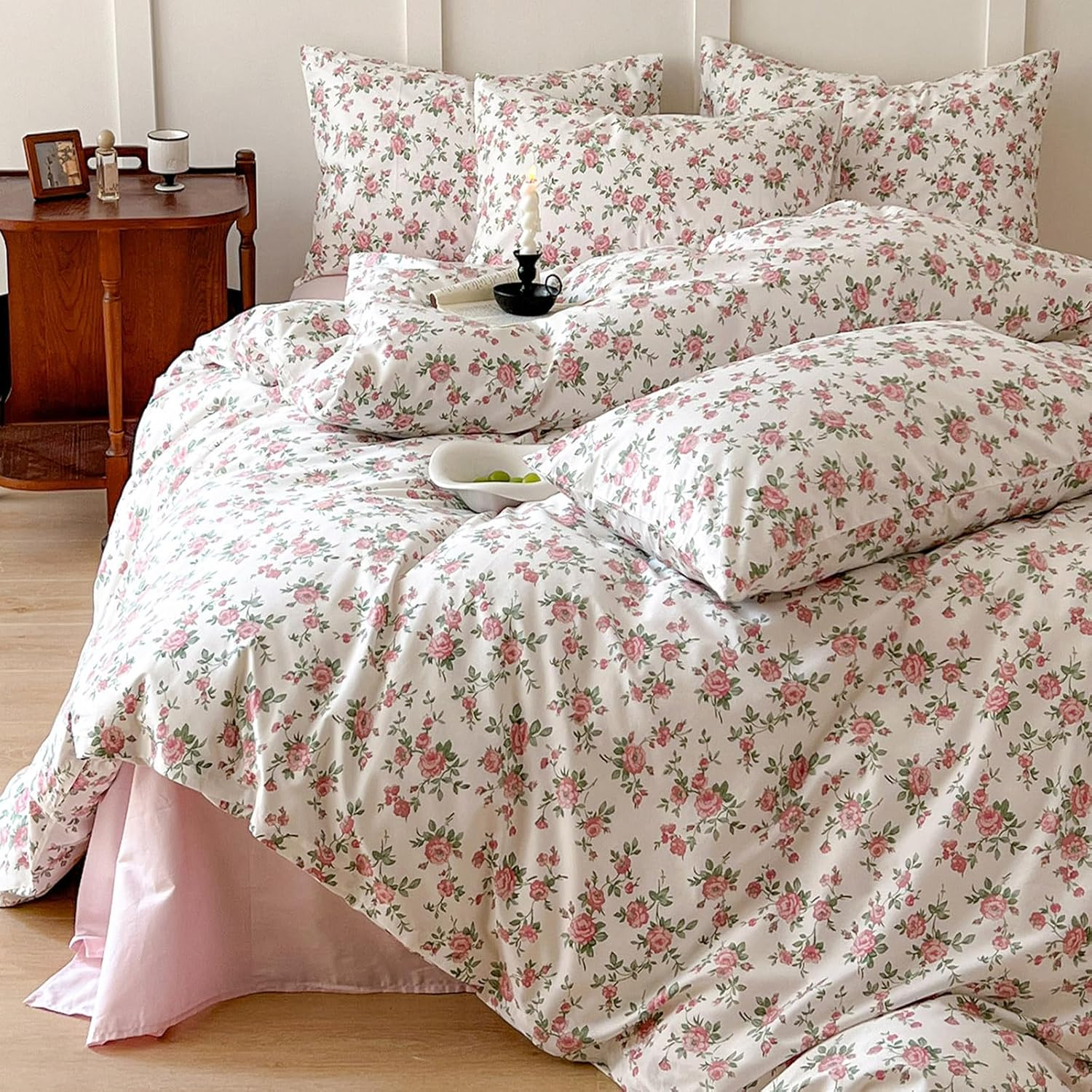 Floral Duvet Cover Set Twin Size Kids Pink 100% Cotton Aesthetic Bedding Sets Girl Women 3 Pieces Floral Branch Comforter Cover with Zipper Ties Garden Bedding Cover image number 5