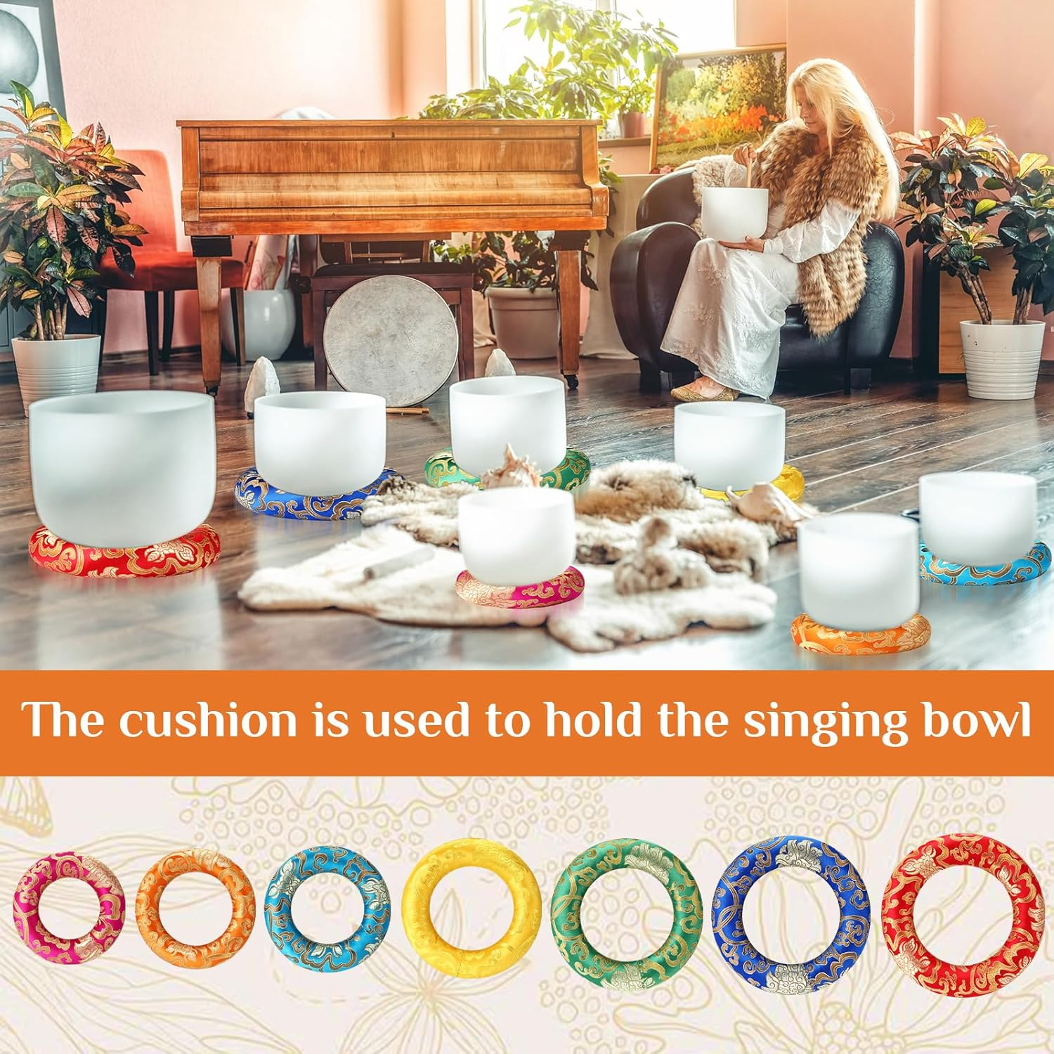 Barydat 7-Piece Silk Singing Bowl Cushion Set - 7 Sizes (13.5-21Cm), Multi-Colored, for 6-12 Inch Bowls image number 1