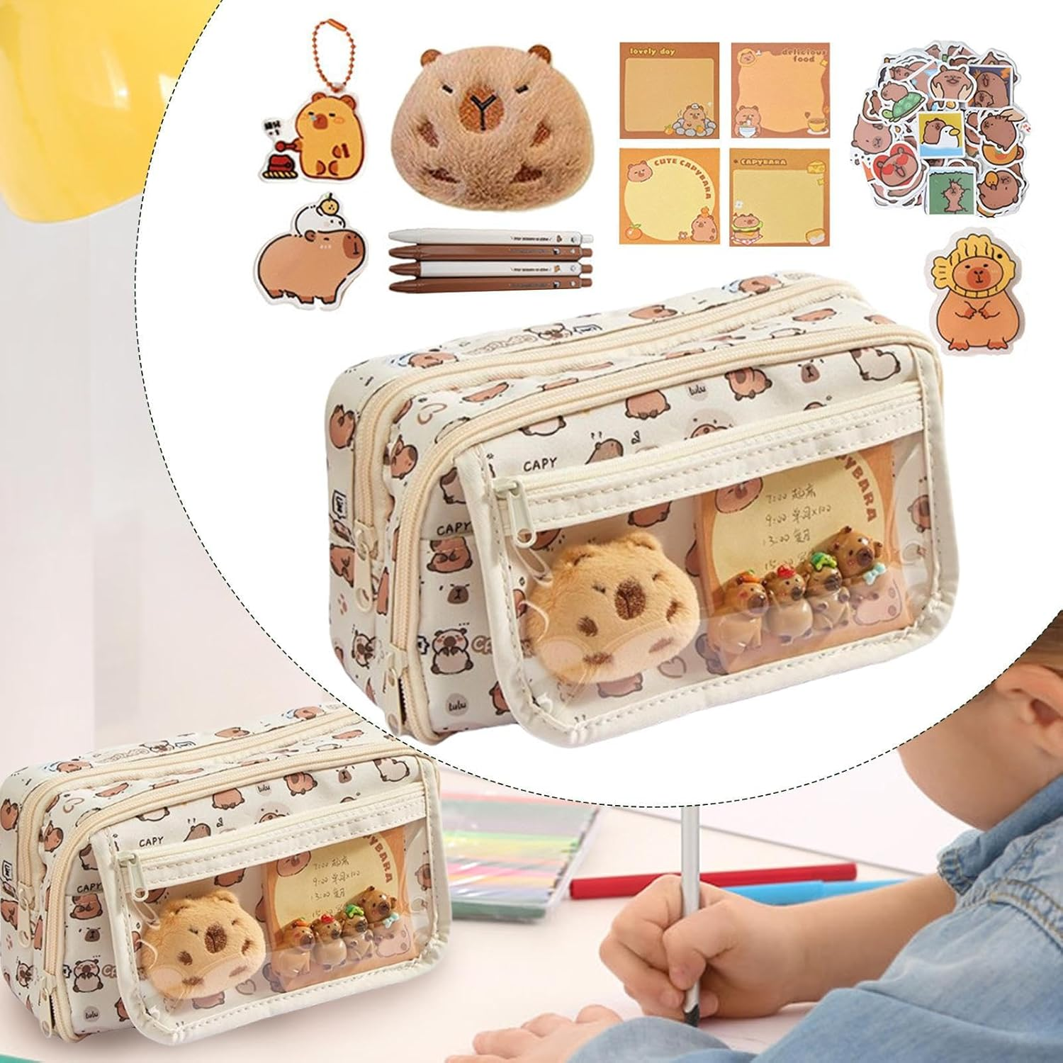 Generisch Capybara Plush Pencil Case - Cute Pen Holder Pencil Bag | Wide Opening Pencil Case, Office Supplies with 9 Compartments, Funny Cute Pen Holder Bag image number 5