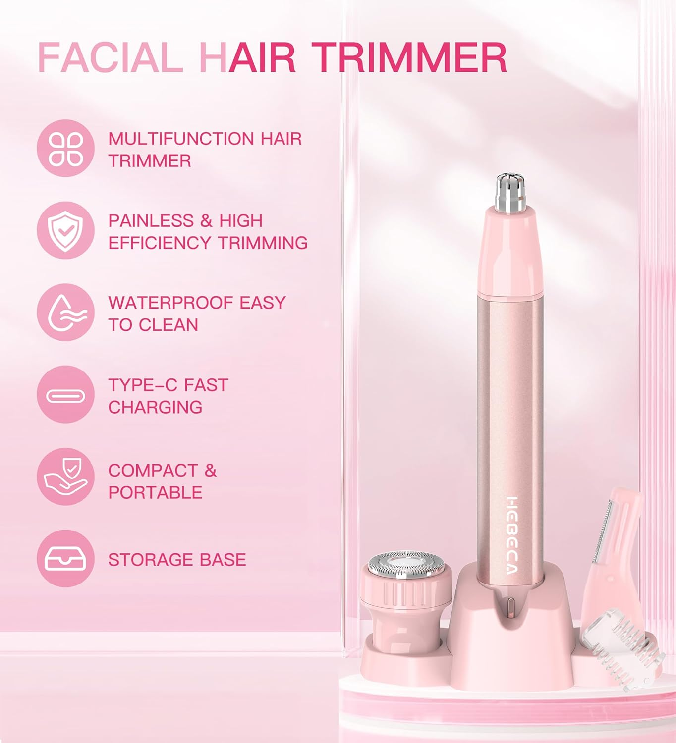 Nose Hair Trimmer for Women 3In1 Facial Hair Removal Trimmers with Storage Base - Waterproof, Portable USB Rechargeable with Travel Bag- Trims Nose, Ear, Eyebrow, Peach-Fuzz, Lips, Chin Face Hair image number 6