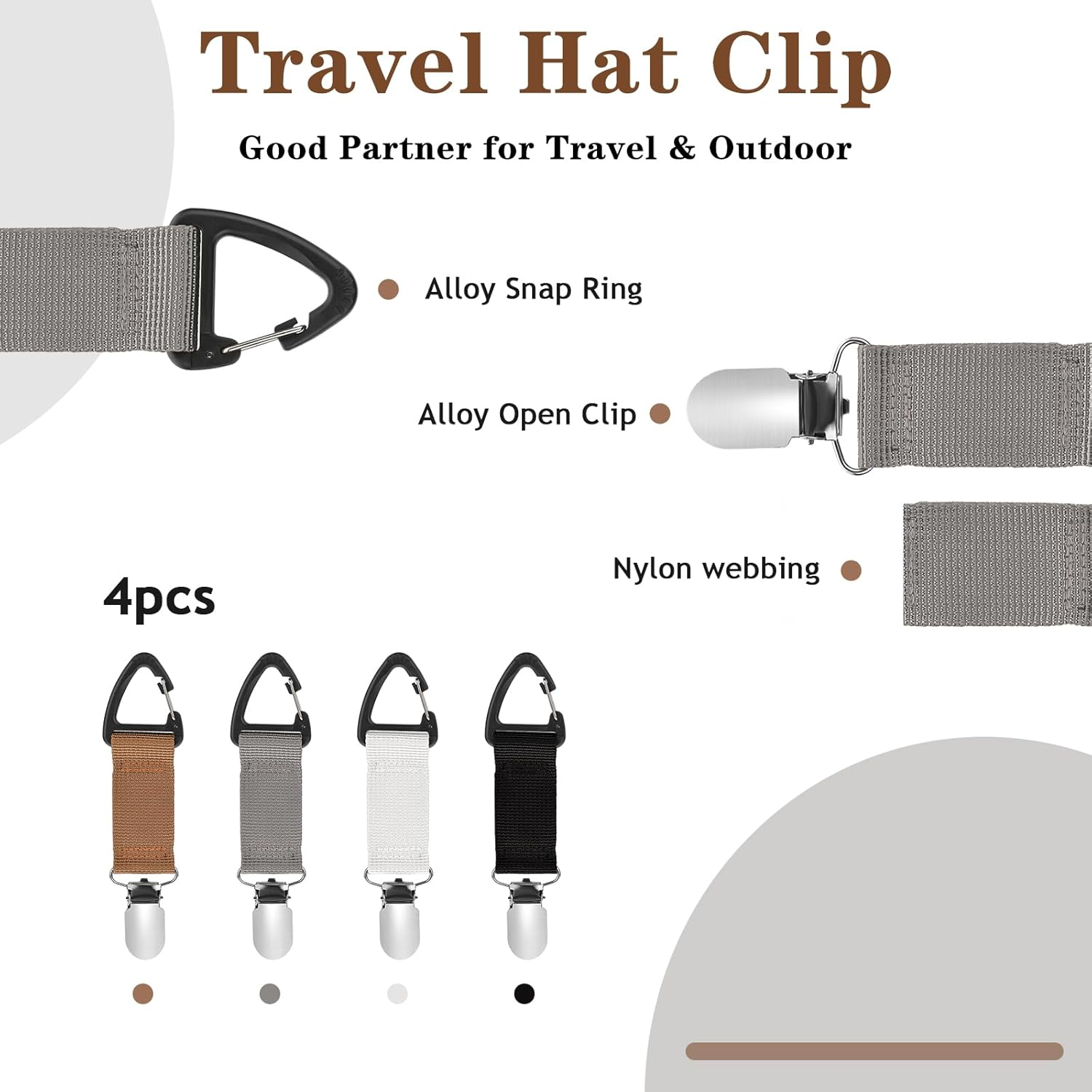 Mabor 4Pcs Hat Clips for Travel on Bag,Hat Clip,Hands-Free Quick Access & Removal,Travel Accessories,Outdoor Bags, Backpacks, Purses,Beach Hat Totes for Women Girls Beach, Black, White, Khaki, Silver image number 2