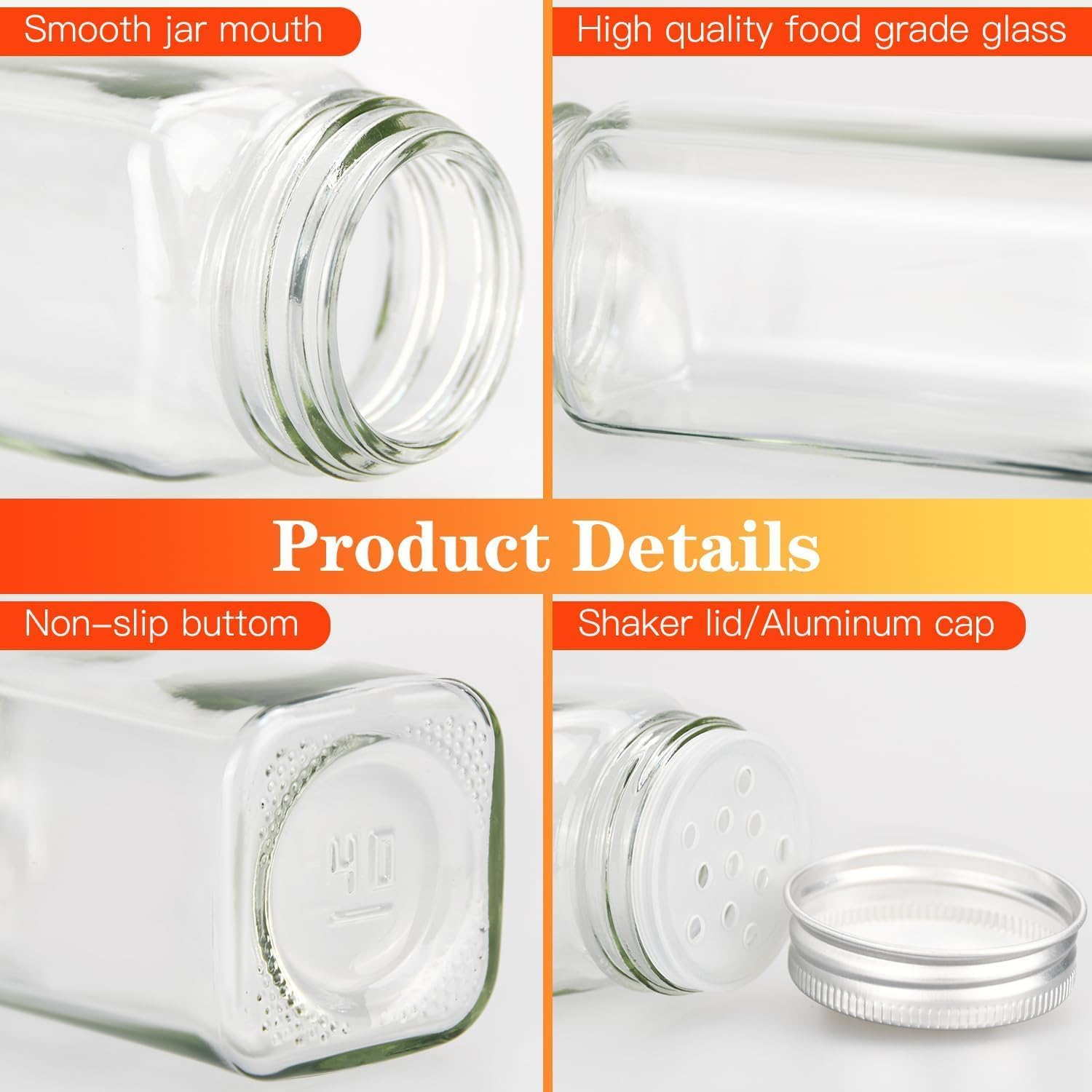 24Pcs Glass Spice Jars, 4 Oz Glass Seasoning Bottles, Spices Container, Empty Spice Jars, Square Spice Bottles with Airtight Stainless Steel Caps with Shaker Lid (24) image number 5