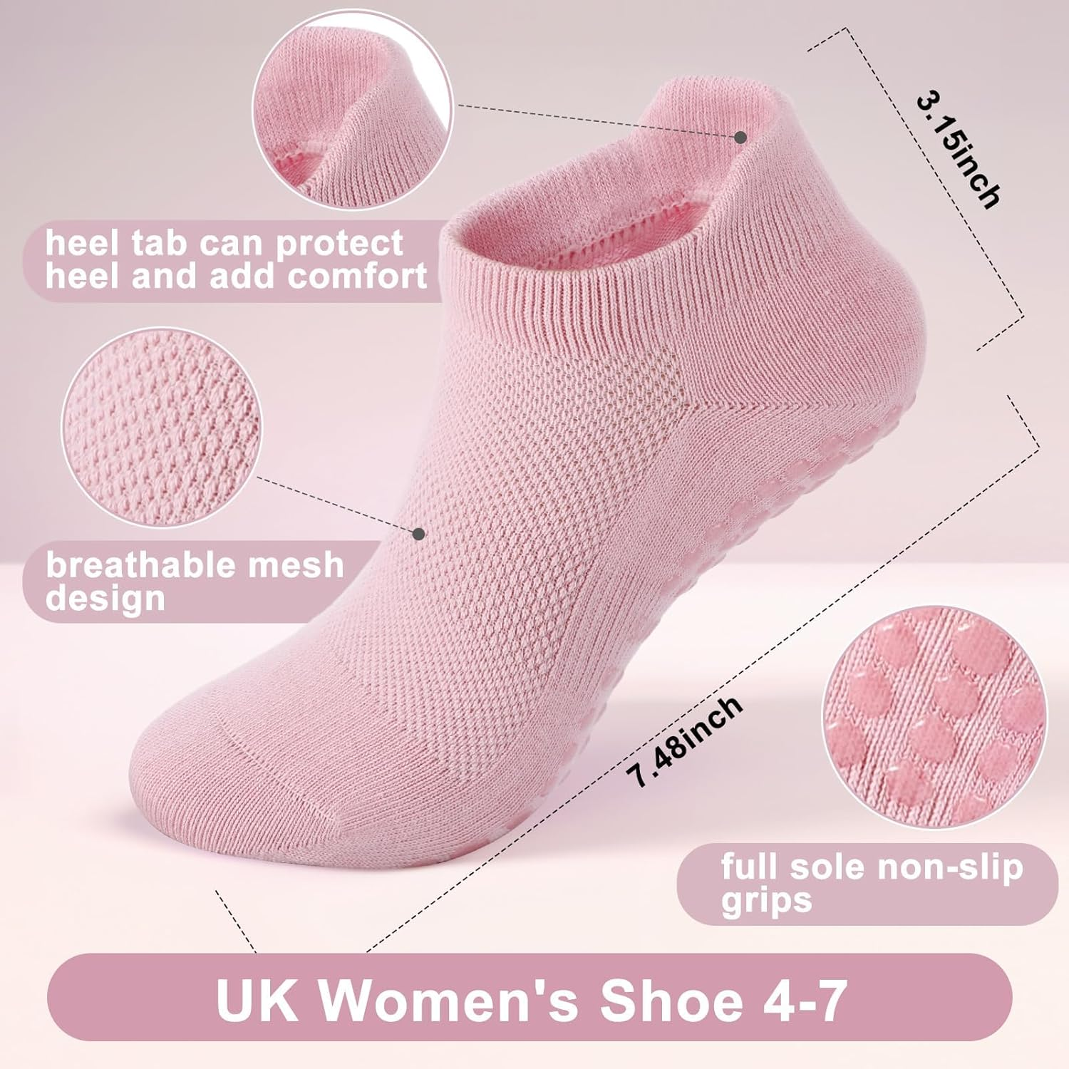 Quokkachic 5 Pairs Pilates Yoga Grip Socks, Women Non Slip Grip Socks for Hospital, Dance, Yoga, Size UK 4-7