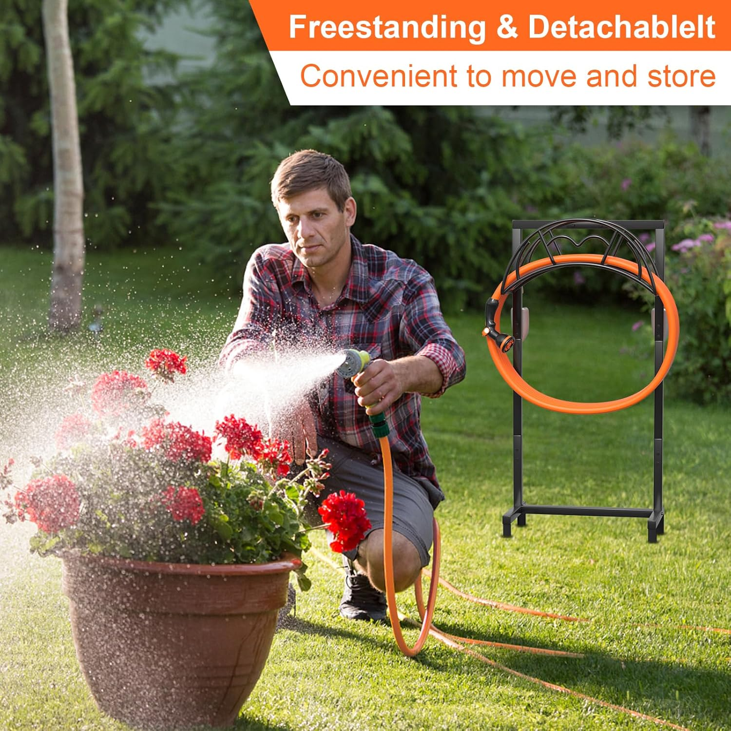Garden Hose Holder, Freestanding, Robust Outdoor Water Hose Holder, Improved Metal Hose Stand with 4 Spikes, Removable Garden Hose Storage Hose Reel image number 1