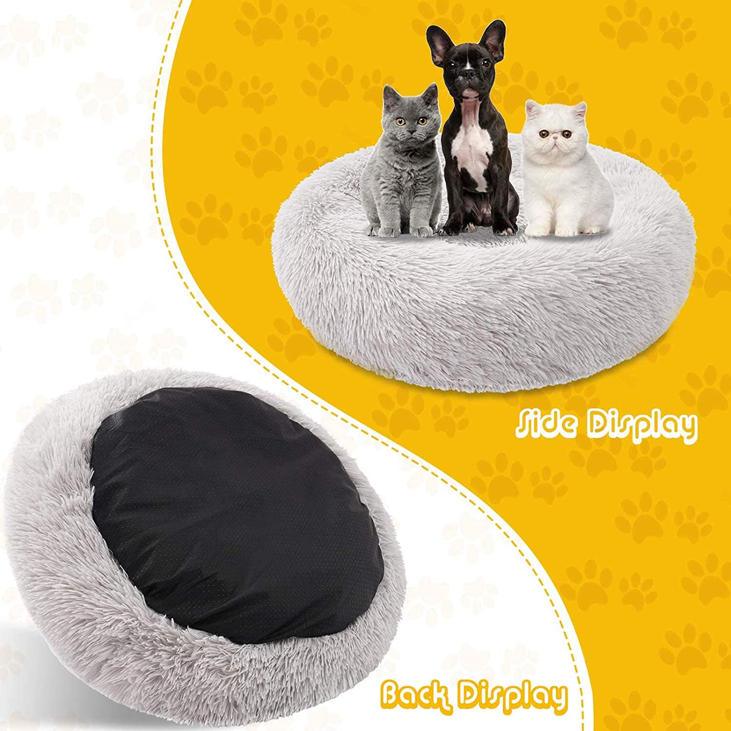 Pets Calming Cat Bed Dog Beds, Proxima Direct Ultra Soft Cat Cushion Bed round Nest Fluffy Plush Bed Donut Cuddler Dog Bed with Non-Slip Bottom Suitable for Cats or Dogs Puppy (60CM, Light Grey) image number 5