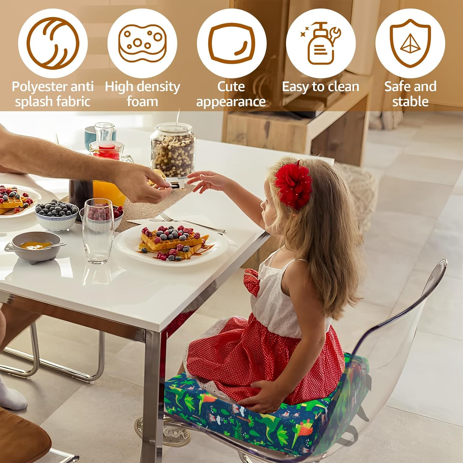 Toddler Booster Seat for Dining Table, Portable Booster Seat with Adjustable Safety Belt and Fastening Strap, Non-Slip Bottom Increasing Booster Cushion for Travel Home Toddler (Blue) - White image number 4