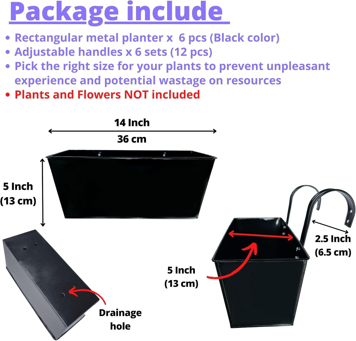 Lalagreen Rail Planters (6 Pack, 14 Inch) Black Metal Rectangle Strawberry Window Boxes Outdoor Balcony Deck Railing Fence Hanging Flower Herb Pot with Detachable Hook Patio Porch Farmhouse Minimalist image number 4