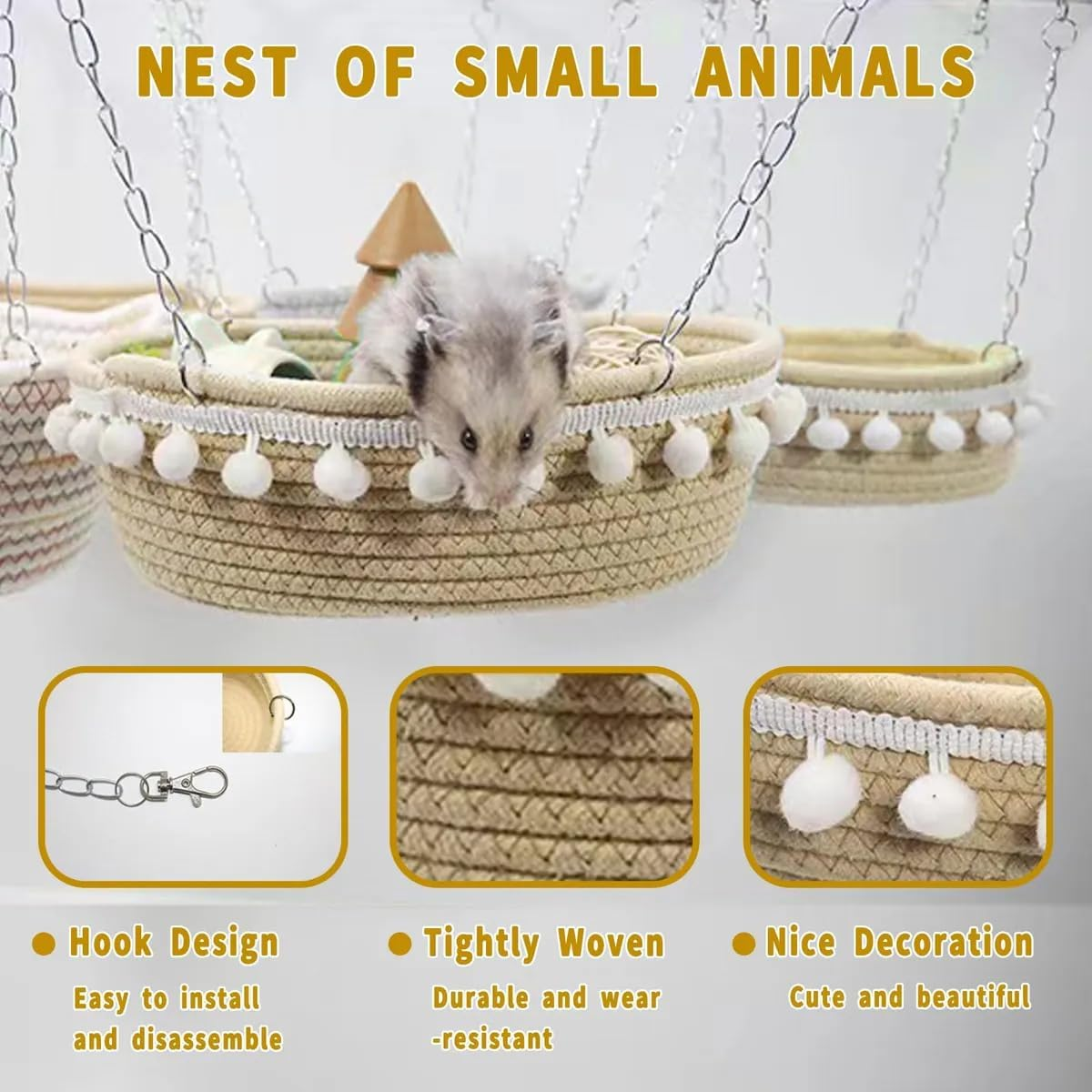 AIMALL Small Pet Hammock for Hamster, Guinea Pig, Rat, Ferret - Soft Cotton Hanging Bed Nest with Pom-Pom Details, Secure Hanging System for Pet Cage - Cozy and Comfortable Resting Spot image number 5