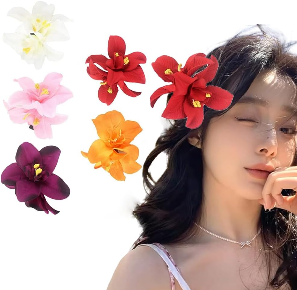 5Pcs Butterfly Orchid Hair Clips Bohemian Orchid Flower Hair Clip Double Hawaiian Flowers Barrettes Hair Accessories for Women Girls Wedding Party Holiday image number 5