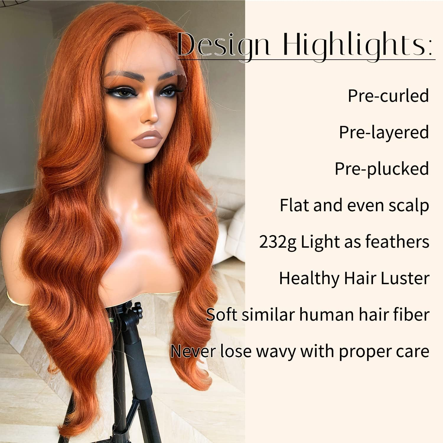 Blackswern Ginger Wig Ginger Orange Body Wave Lace Front Wig, Glueless Lace Wig, Pre-Plucked Pre-Layered Body Wave Wig with Curtain Bangs for Black Women, 24 image number 1