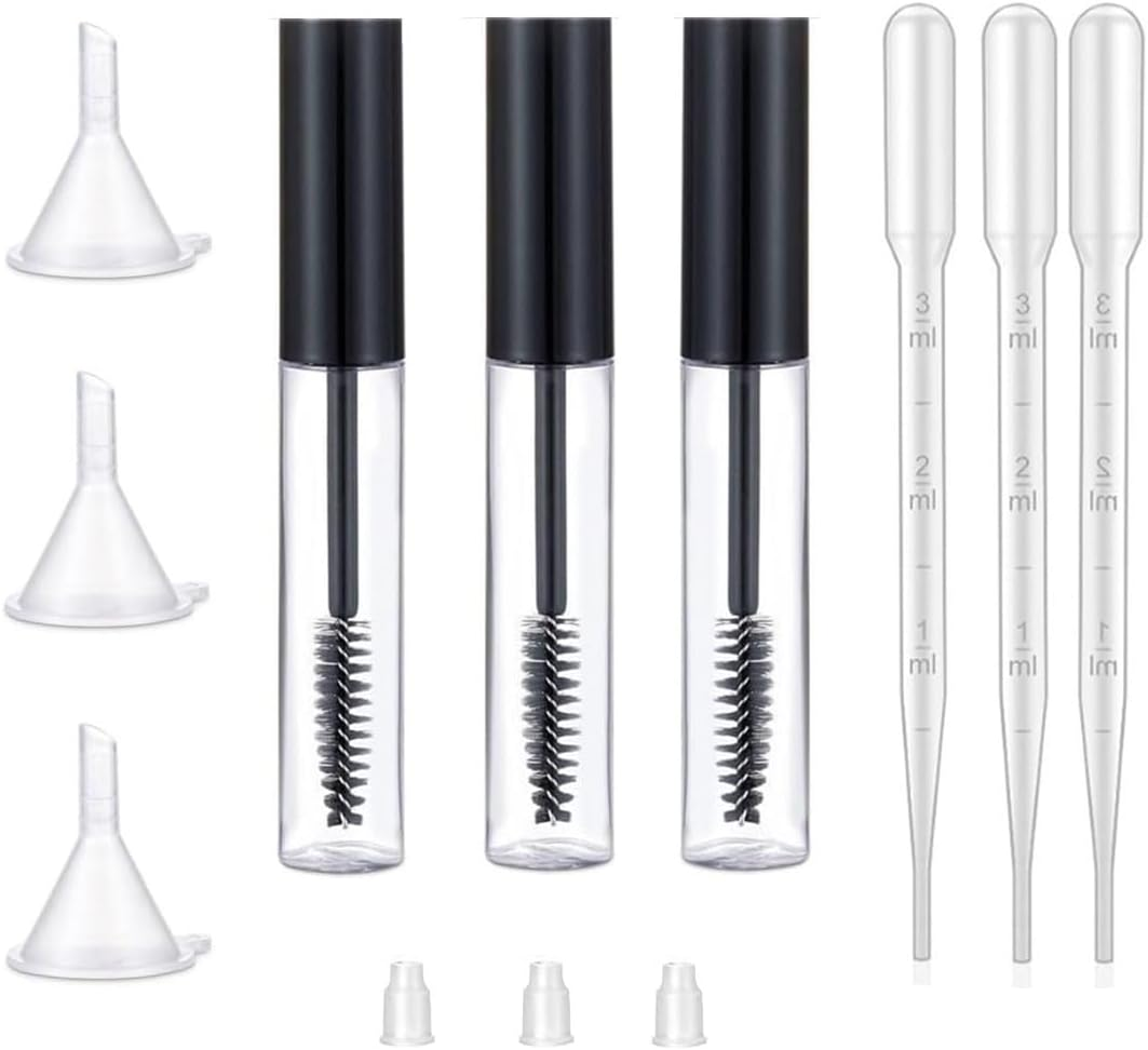 3Pcs 10Ml Empty Mascara Tubes with Eyelash Wand, Eyelash Growth Liquid Portioning Bottles,For DIY Cosmetics,Travel and Business Trip(3 X 10Ml Bottle,3 X Funnel,3 X Dropper,3 X Rubber Inserts)