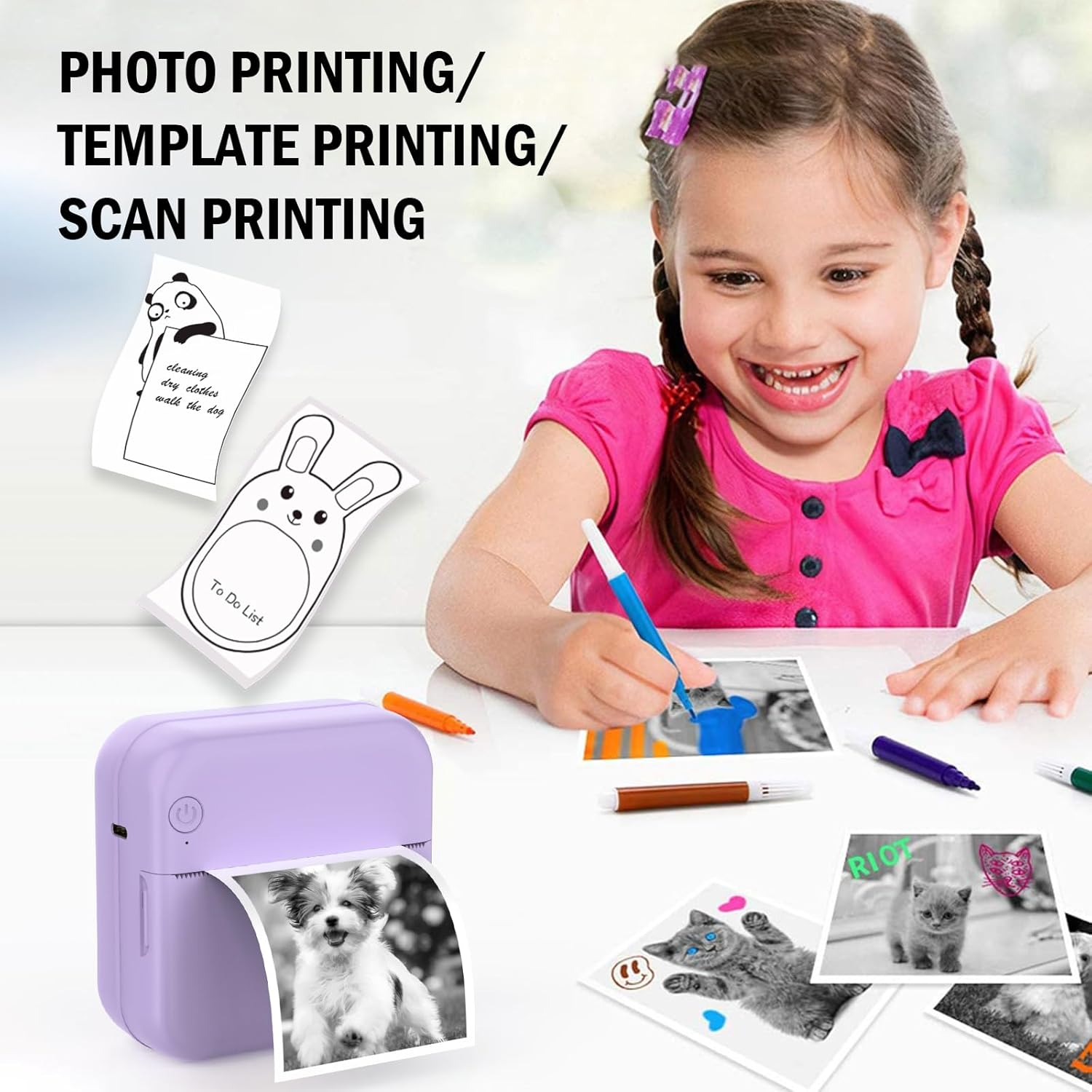 Mini Sticker Printer - Mini Pocket Printer for Iphone Thermal Printer with 10 Rolls Thermal Paper for Journal, Memo, Photo, Purple image number 1