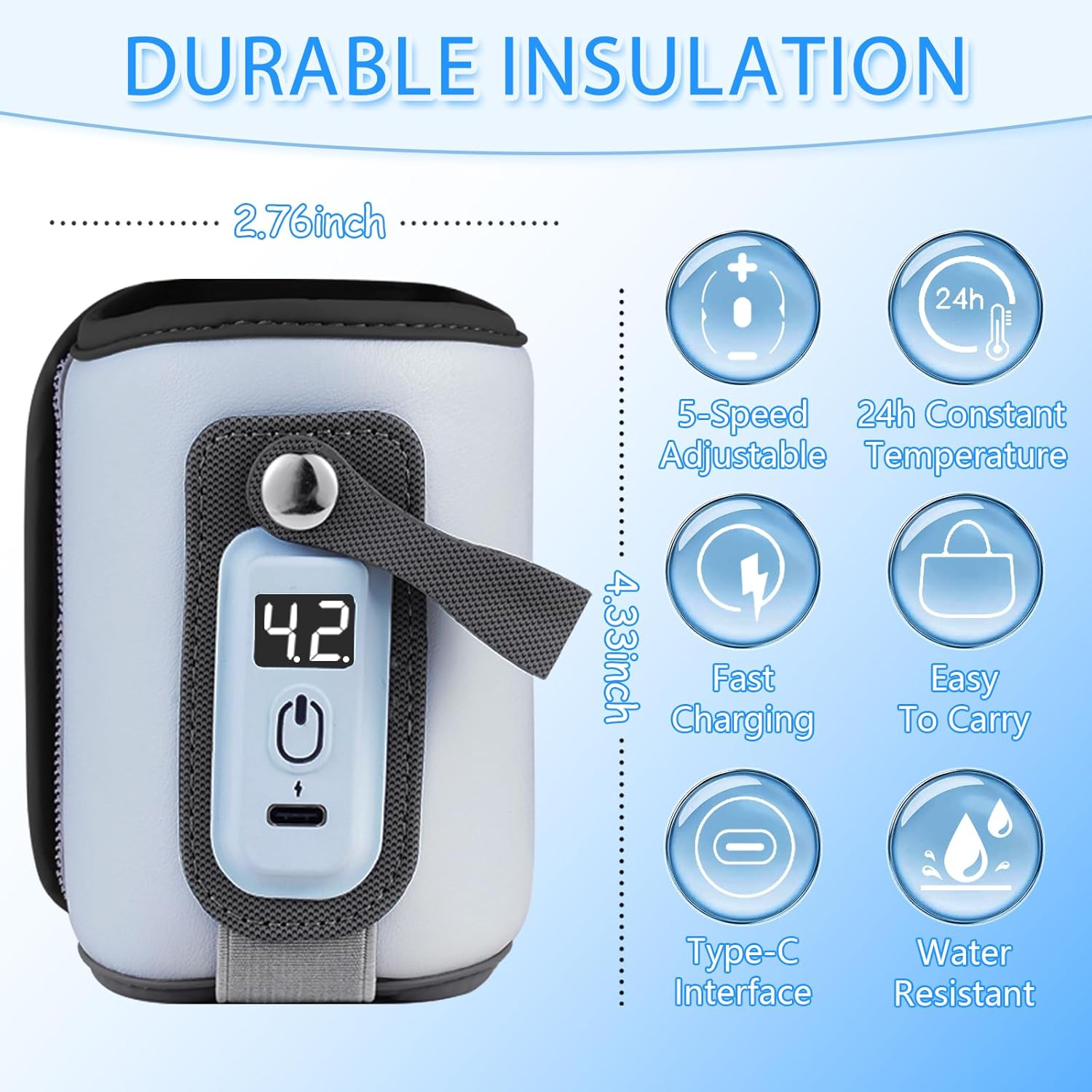 Baby Bottle Warmer, 5-Temperature Baby Milk Heating Keeper, Portable USB Bottle Warmer with LED Display for Rapid Heating & Precise Temperature Control, Suitable for Home & Travel (Blue) image number 2