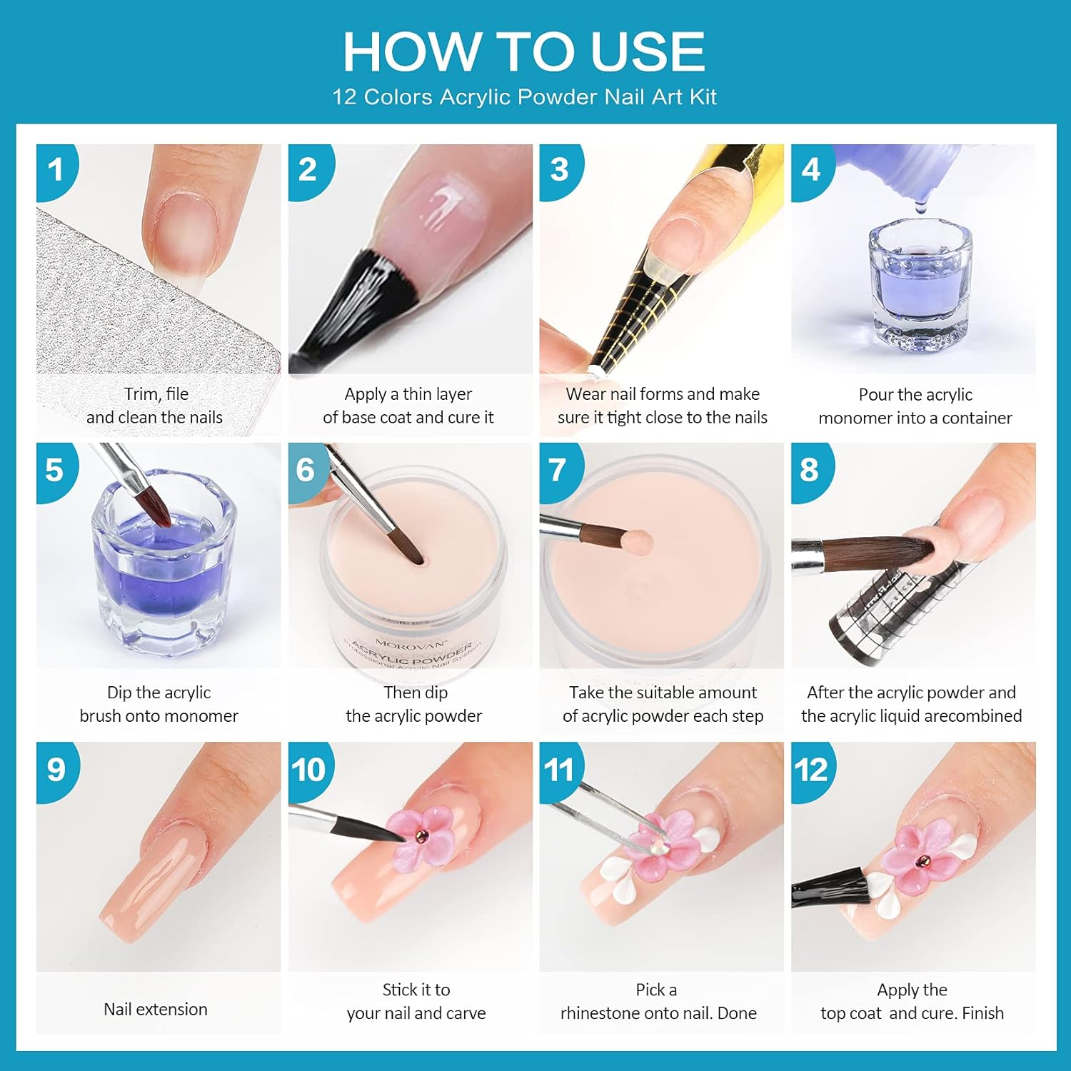 Morovan Acrylic Powder Set 12 Colors Gift Nail Art Powder Beginner DIY Professional Polymer Powder for Acrylic Nails Extension Odor-Free Bubble-Free No Nail Lamp Needed (Elegant Senior)