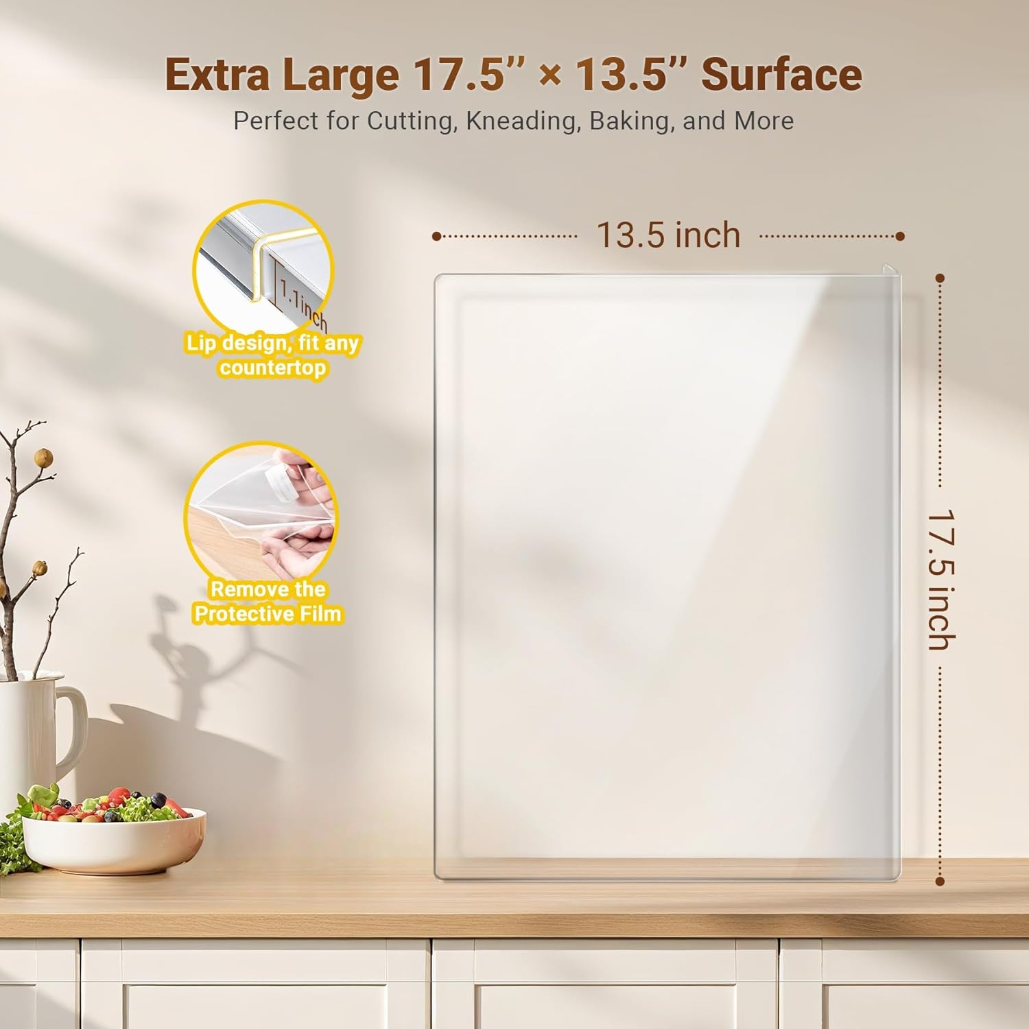 EP Leben Acrylic Cutting Board with Counter Lip,Clear Cutting Board for Kitchen Countertop,Non-Slip,Perfect for Bread,Meat,Veggies & More,Great Kitchen Essential Gadgets & Decor(17.5"X13.5" /45X35Cm)