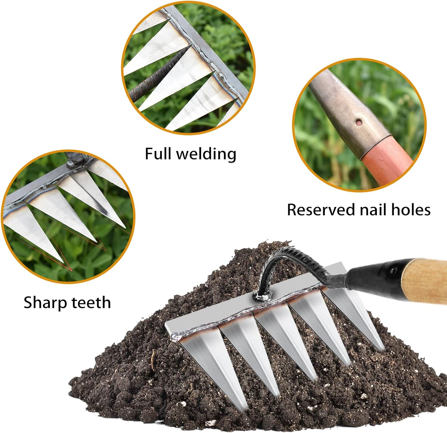 Iron Rake for Gardening and Weeding - Heavy Duty Garden Tool, Carbon Steel Hand Rake for Sturdy Dethatching, 5 Toothed Steel (Without Stick) - 6 Toothed Steel image number 6