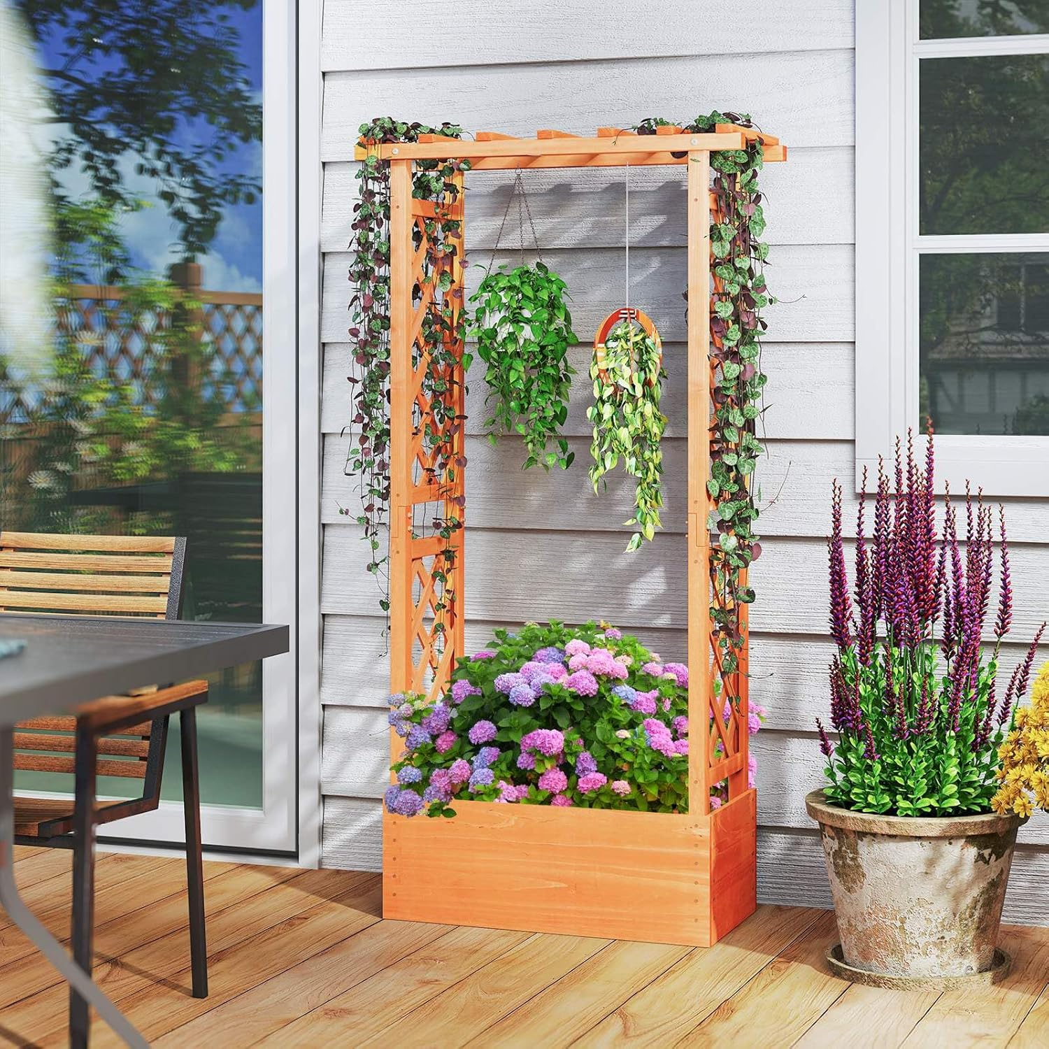 Costway Raised Garden Bed with Trellis, Wood Freestanding Planter Box with Hanging Roof, Drainage Holes for Climbing Plants, Flowers, Vegetables, Indoor Outdoor Planting Bed for Patio Yard - Type 2 image number 2