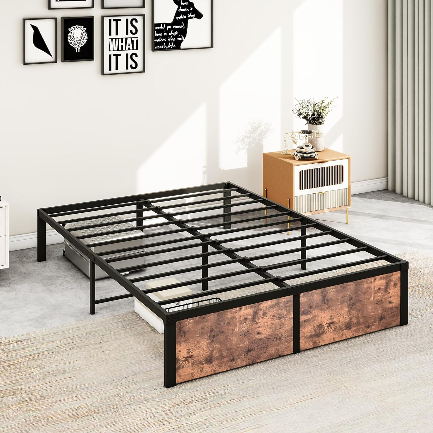 VERFARM Queen Size Bed Frames with Vintage Wood Footboard, Heavy Duty Metal Platform Bed Frame Queen, No Box Spring Needed, Easy Assembly, Rustic Brown image number 5