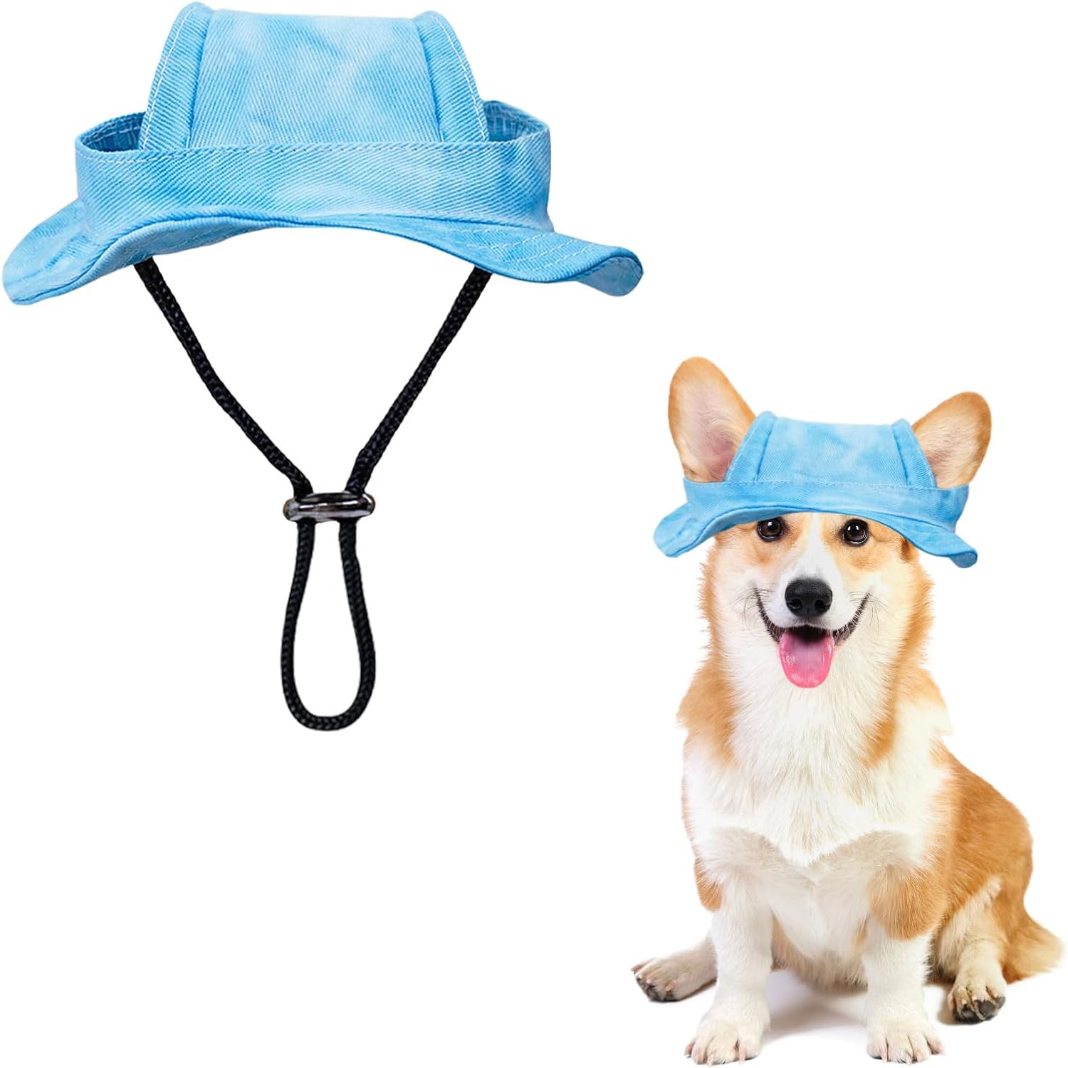 Dog Sun Hat,1Pc Adjustable Princess Dog Bucket Hat with Ear Holes,Round Brim Dogs Visor Cap Pet Fisherman Hat for Pupies Small Dogs Cat Outdoor Sport (Black, Small)