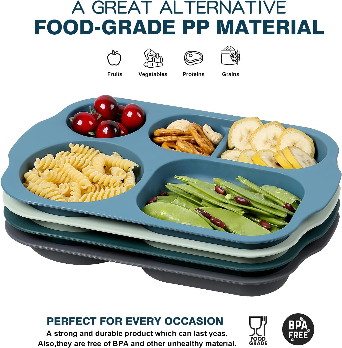 Shopwithgreen Divided Plates for Kids Adults, 12 Inch (4PCS) Plastic Unbreakable Section Plates, Large Lightweight Reusable Compartment Lunch Trays, BPA Free Dishwasher & Microwave Safe