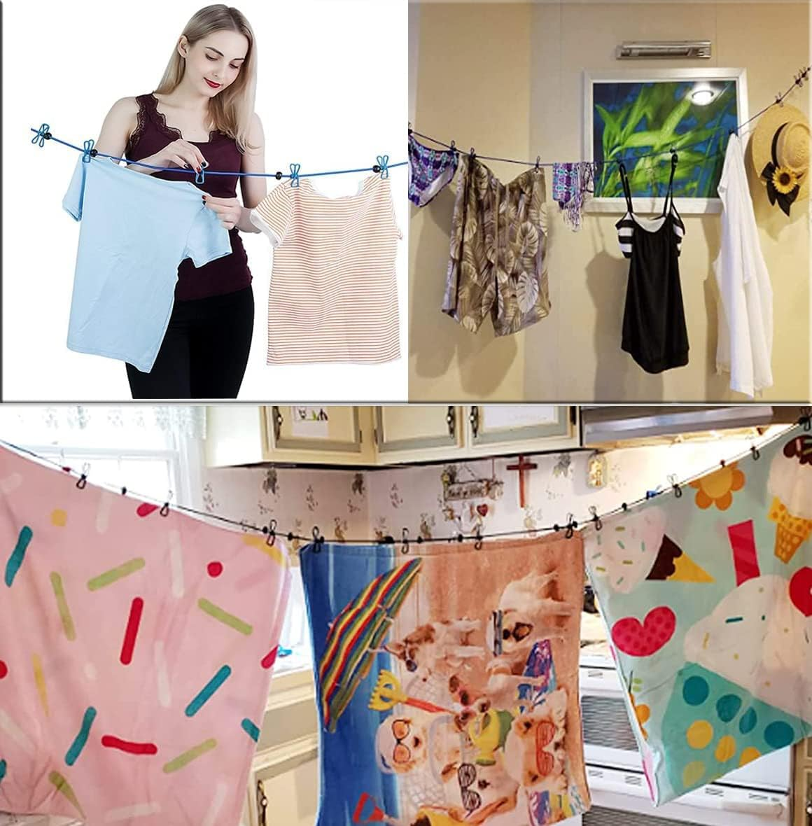 LALOCAPEYO 2Pcs Portable Clothesline with 12 Clothespins for Camping Hotel Indoor & Outdoor Blue 11 Feet Rope Anti-Skid Clips,Wind-Proof Clothes Drying Line,Travel Retractable Clothesline(Blue+Black) image number 3