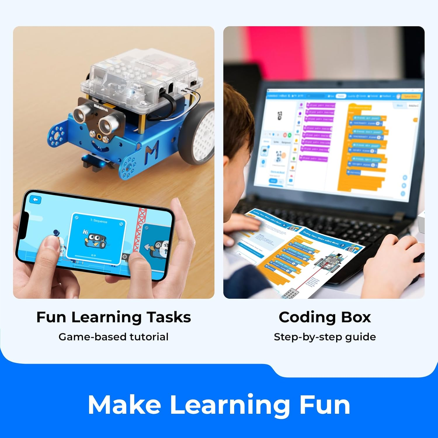 Makeblock Mbot Robot Kit with Scratch Coding Box, Robotics for Kids Ages 8-12 to Learn to Code with Scratch & Arduino, STEM Toys Robot Kits for Kids Age 8-12, Programming for Boys and Girls Age 8+ - Blue (Bluetooth Version) image number 5