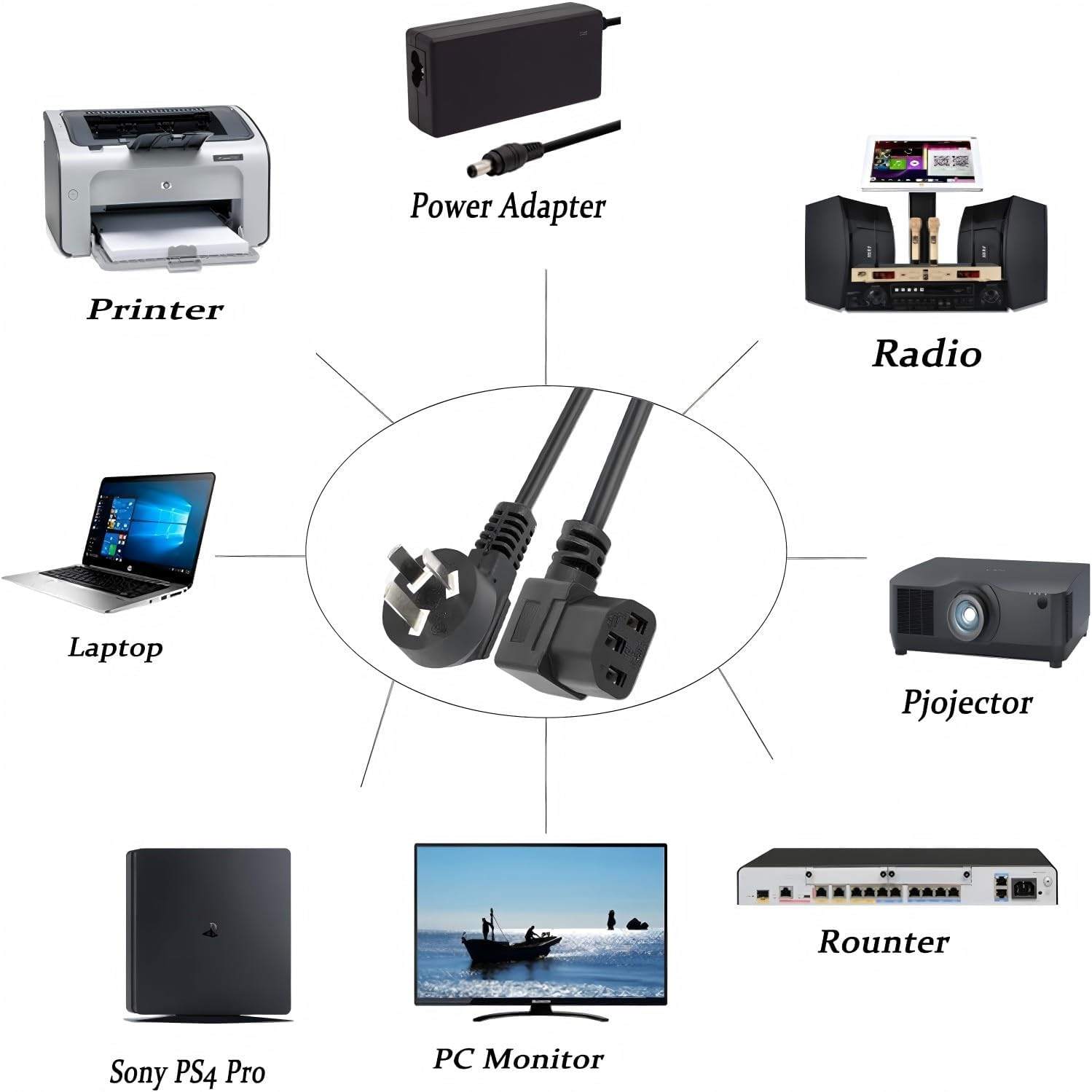 1.5M Australian Power Cord with 90 Degree Left Angle IEC 320 C13 Plug Connector - Pure Copper Material, Black 3 Point Kettle Power Cable 10A/250V image number 1