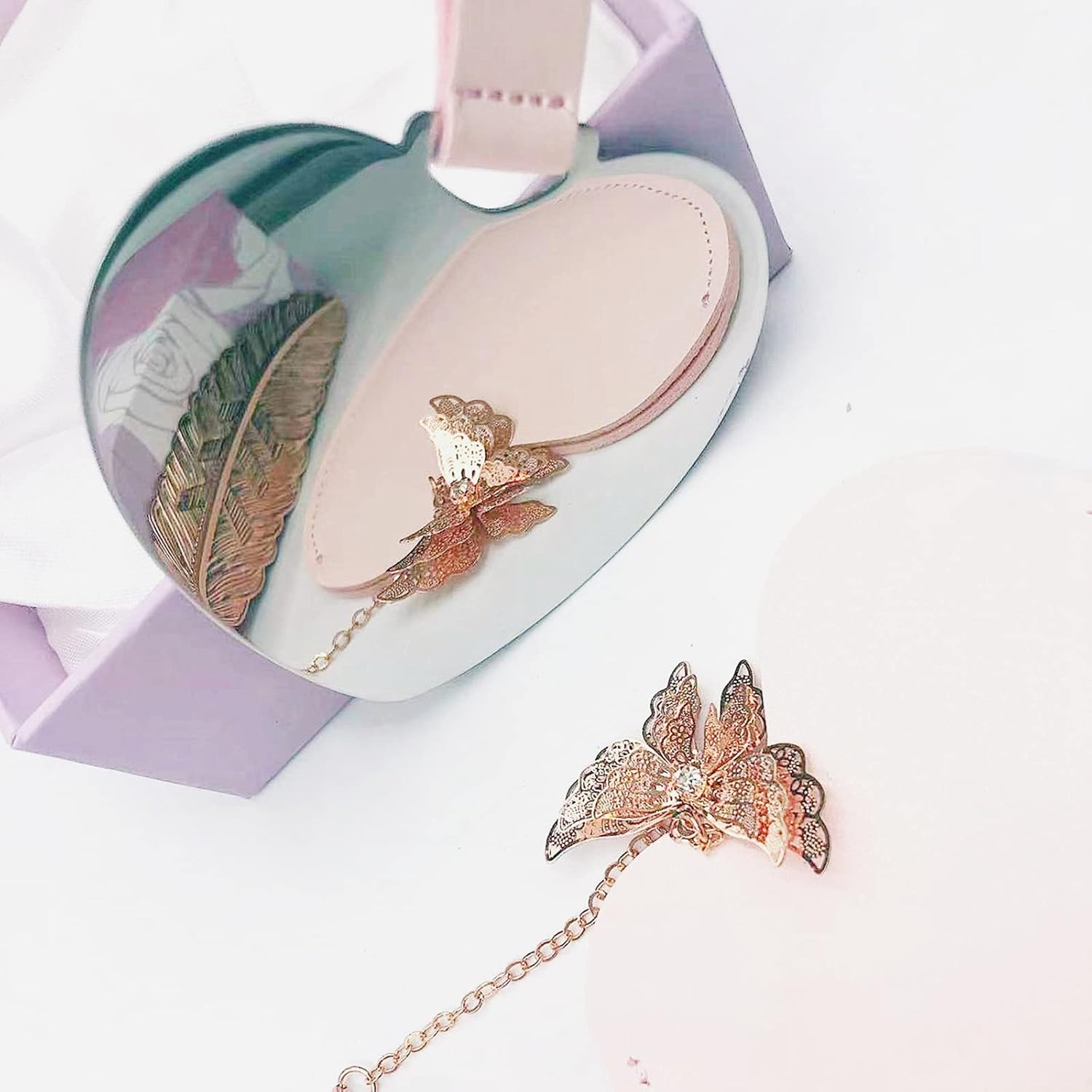 INCAUCA 2Pcs Stainless Steel Mini Purse Mirror with PU Leather Cover, Heart Shaped Compact Pocket Mirror, Cute Small Travel Makeup Mirror, Unbreakable Portable Mirror for Women Girls (Red) - Beige image number 3