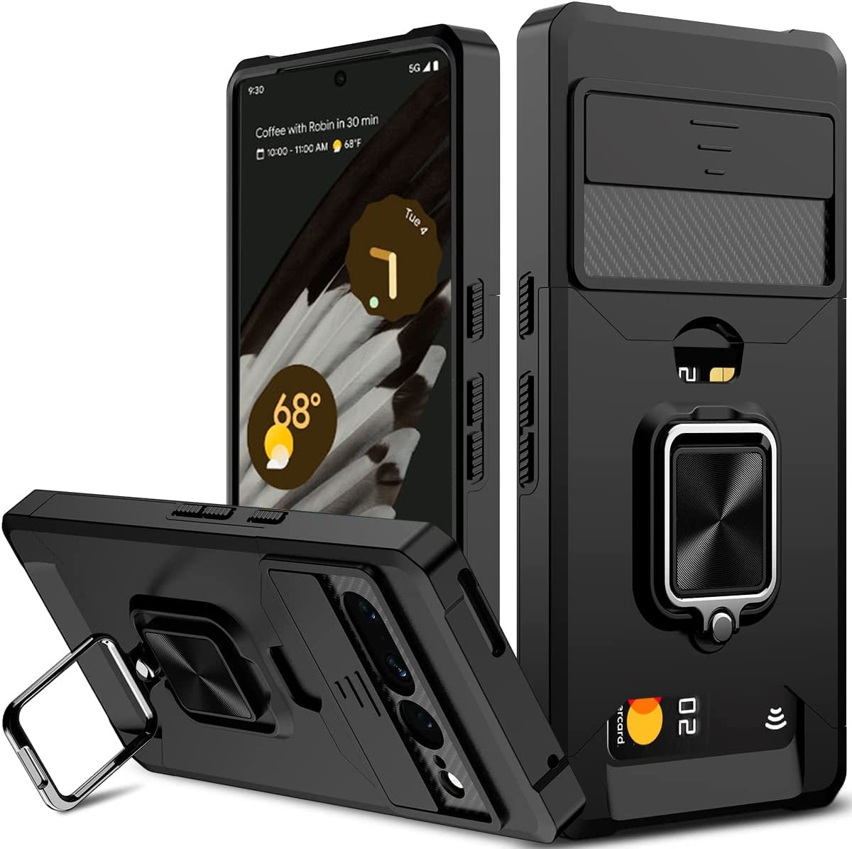 For Google Pixel 7 Pro Case with [Card Holder Slot][Stand Kickstand Ring][Sliding Window] Tough Slim Heavy Duty Defender Armor Shockproof Military Grade Dual Layer Pixel 7 Pro Case Cover image number 1