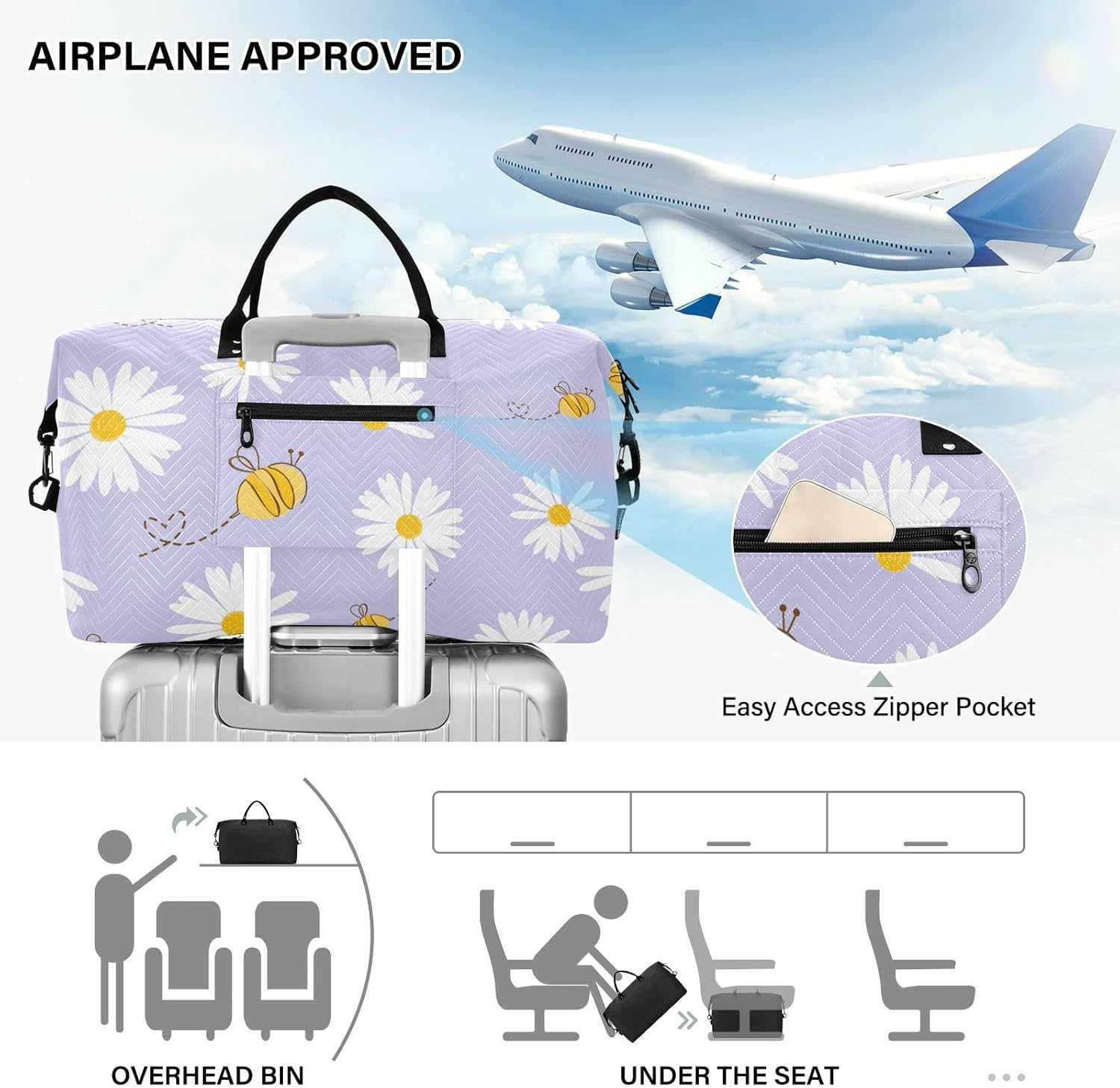 Large Travel Duffel Luggage Carry on Shoulder Weekend Tote Daisy Flower Field Bee Happy Good Luck Sports Duffel Bags, Seamless Daisy Flower Field Bee Happy Good Luck, Set of 2, Art Deco image number 3