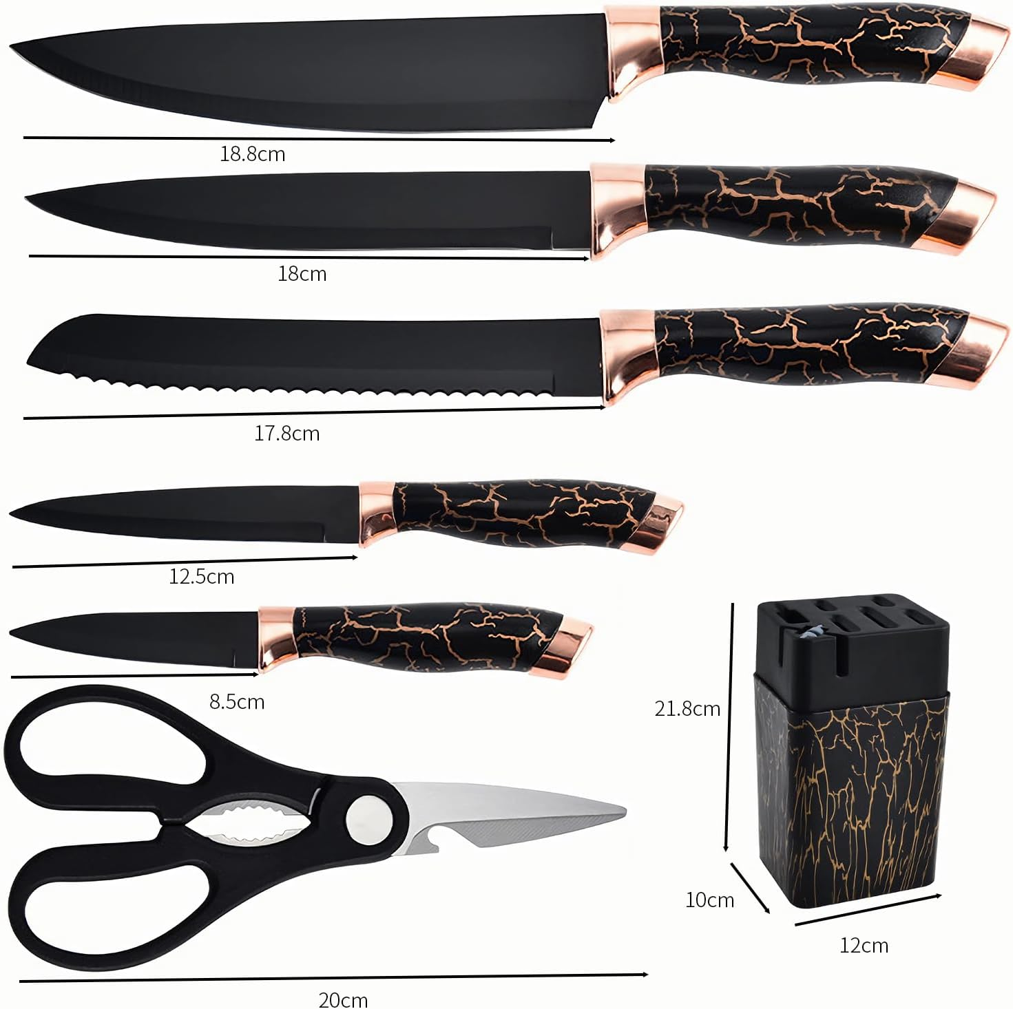 Knife Set, 7 PCS Stainless Steel Kitchen Knife Block Set with Built in Knife Sharpener, Black Non Stick Coated Knife, No Rust and Sharp Knife for Chopping, Slicing and Dicing, Best Gift, Golden