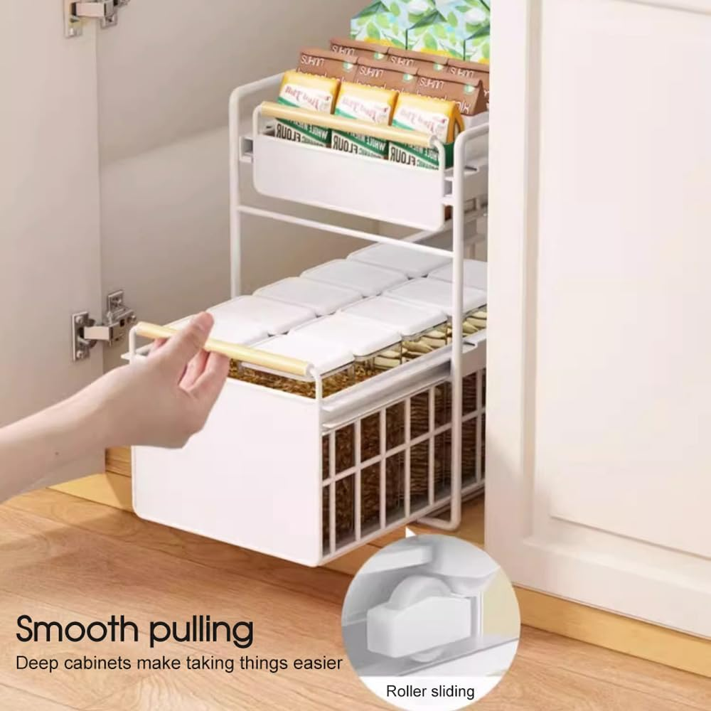 Leona Co Pull Out 2 Tier Metal Cabinet Organizer with Solid Wood Handle - No Assembly Required, Durable Mesh Design - Multi-Purpose Storage for Kitchen, Bathroom, Office (Large) image number 3