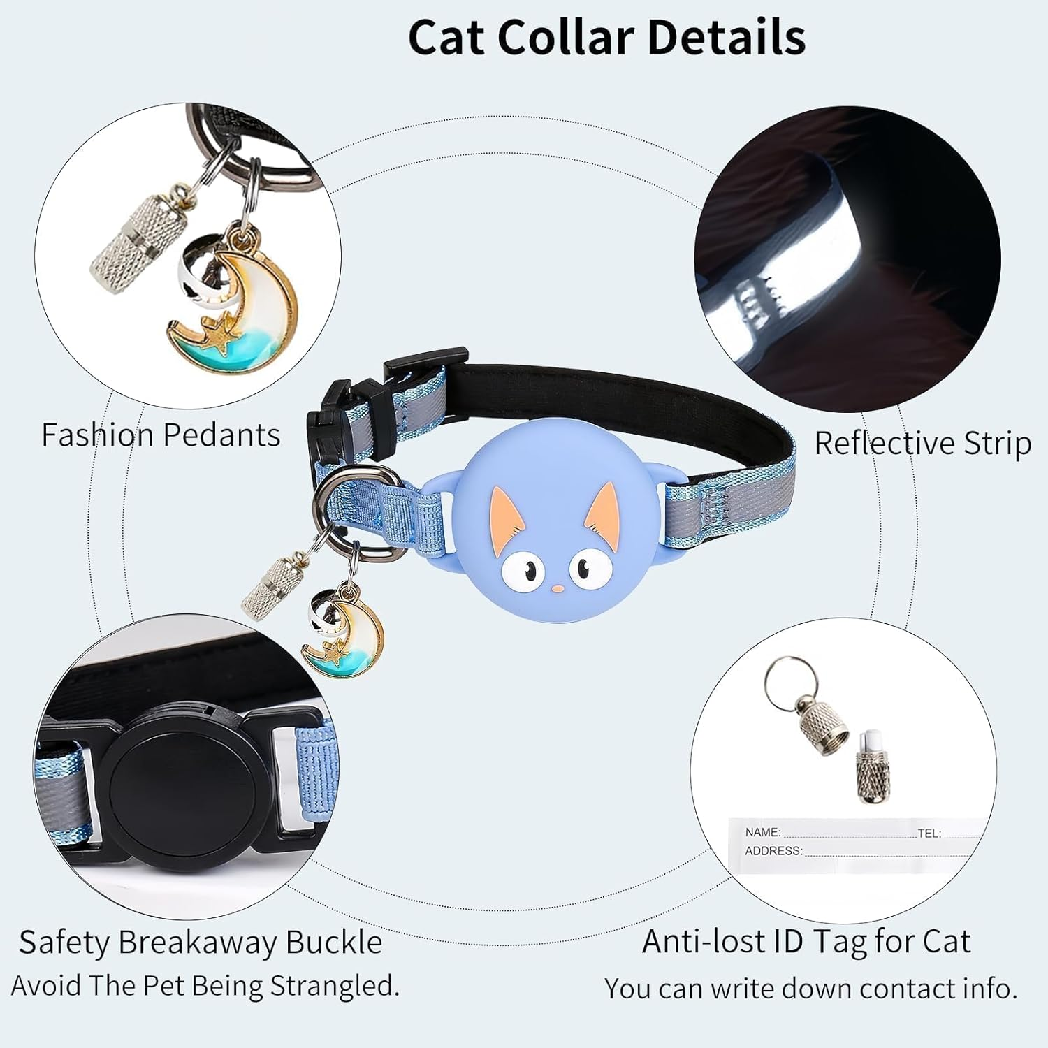 Woyinger Reflective Breakaway Cat Collars with Name Tag, with Apple for Air Tag Holder and Bell, Waterproof for Airtag Cat Collar Holder, Adjustable,Reflective Breakaway Cat Collars, for Cats (Blue) image number 2