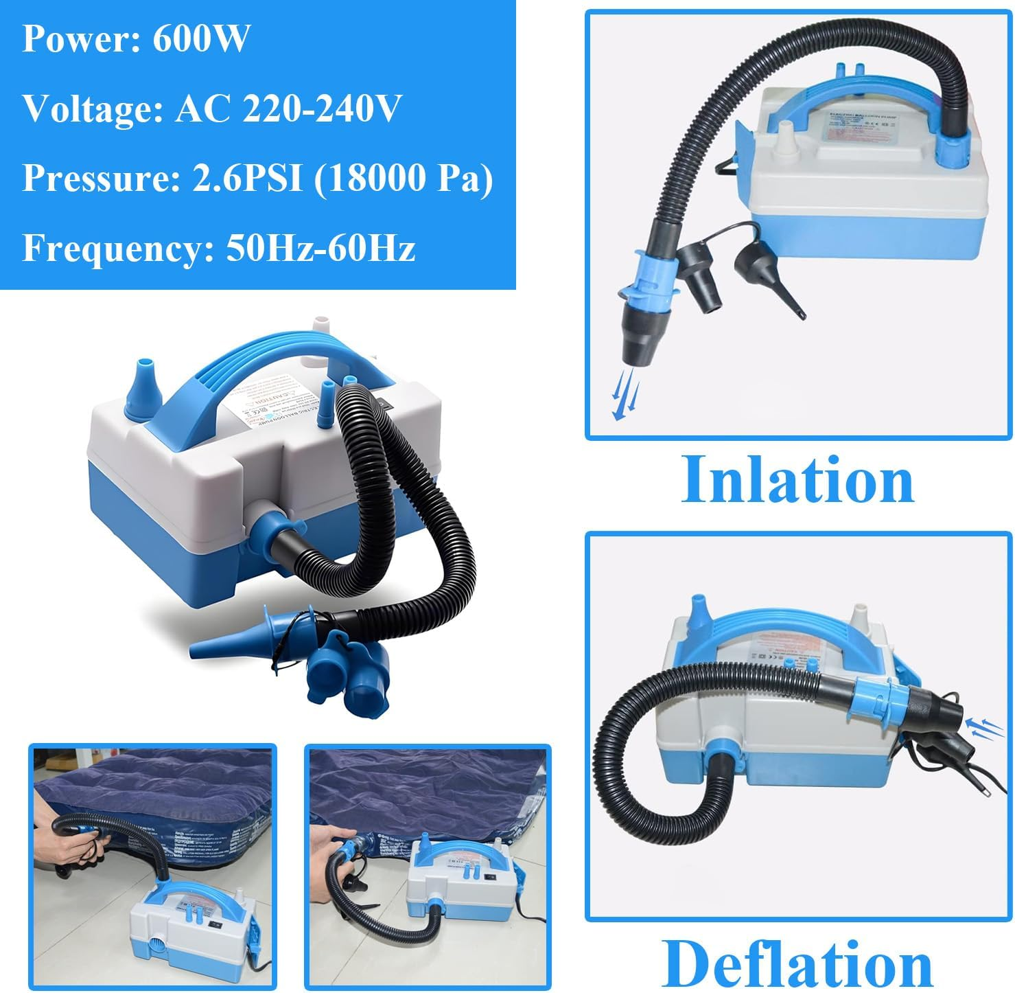 NOAEOU Electric Air Pump, Portable Dual Nozzle Balloon Inflator with Purpose Hose Extension,Multi-Functional Electric Pump for Air Mattresses, Inflatable Toys,Compression Bags, Balloons image number 2