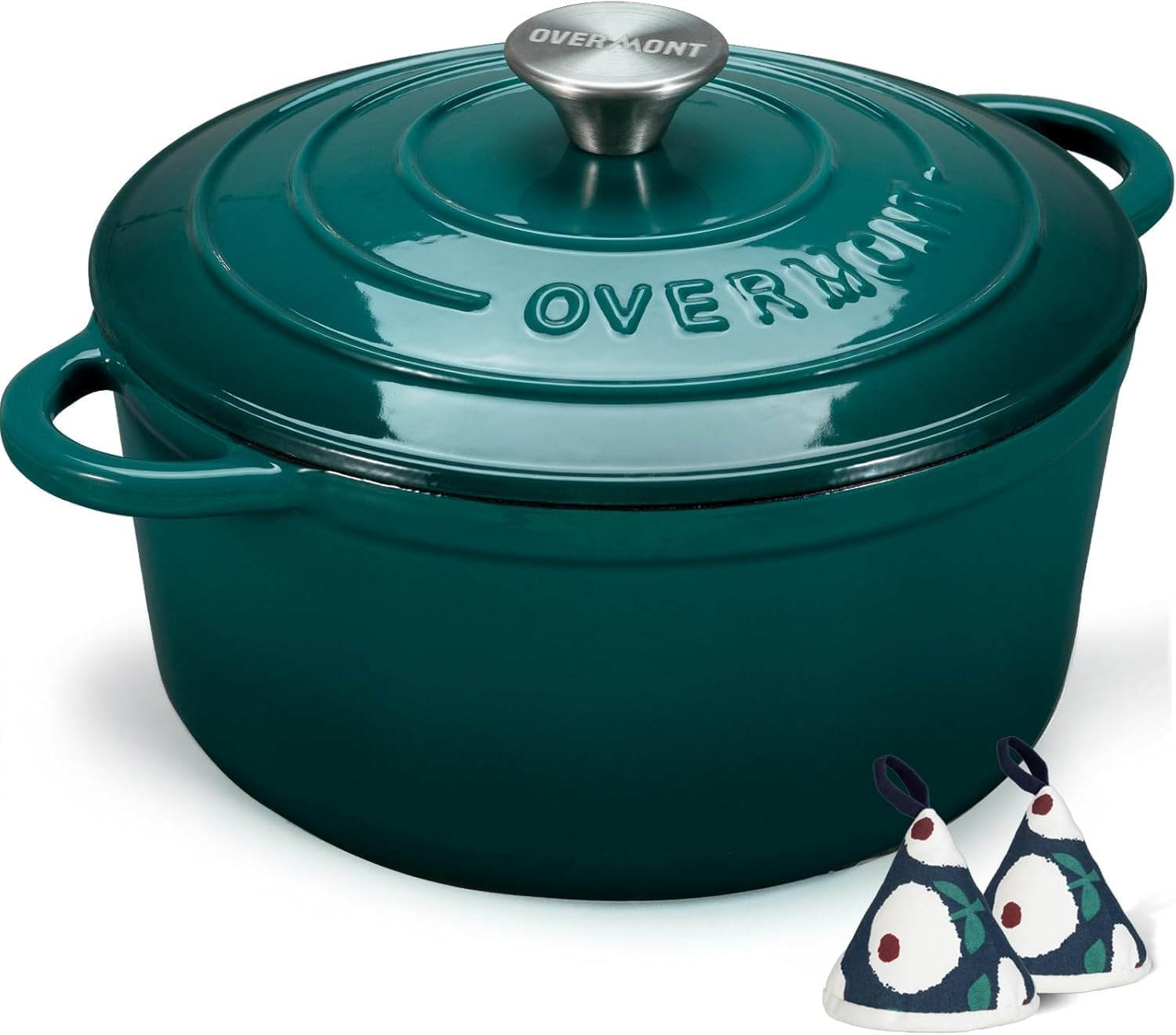 Overmont Enameled Cast Iron Dutch Oven - 5.5QT Pot with Lid Cookbook & Cotton Potholders - Heavy-Duty Cookware for Braising, Stews, Roasting, Bread Baking Bottle Green