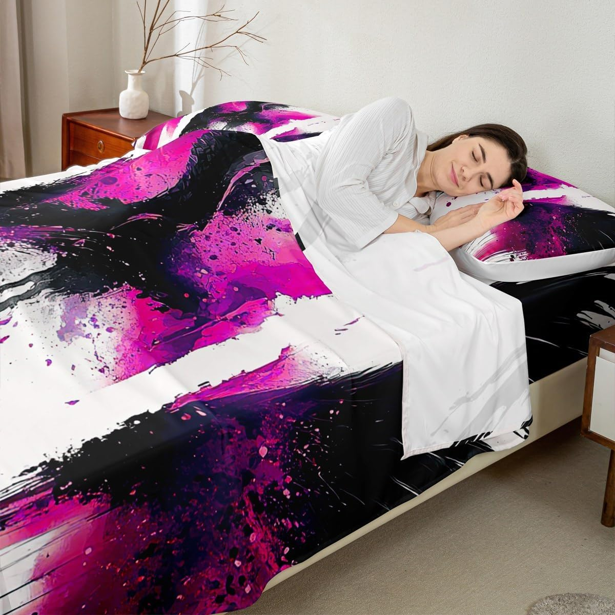 Jejeloiu Black, White and Rose Red Abstract Art Kids Bed Sheets Set,Boys Girls Twin Size,Splash Ink Pattern Fitted Sheet,Abstract Luxury Microfiber Bedding Set,Modern Art Bedding Collection image number 2
