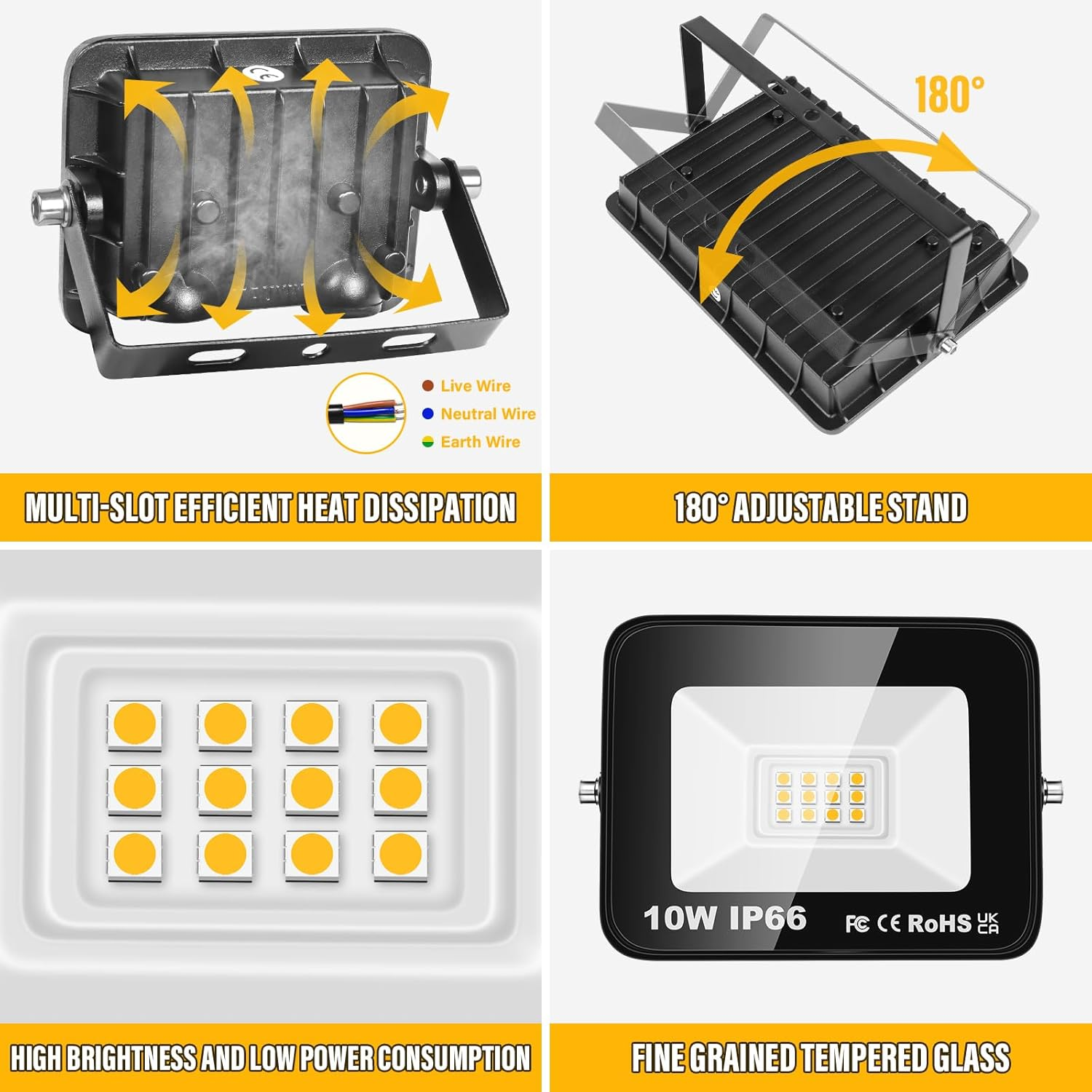 RIGIDON 2 X 10 W LED Outdoor Spotlights, 1000 Lm, 4000 K, Warm White, IP66 Waterproof, LED Floodlight, Outdoor Lamp for Garden, Courtyards, Garage, Hotel, Sports Field, Workshop image number 4