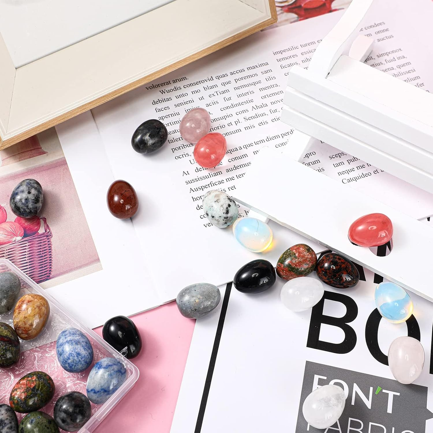 30 Pieces Worry Stones Egg Rock Crystal Gemstone Polished Mineral Rock Egg Stones Pocket Palm Chakra Crystal for Anxiety Relief Meditation Reiki Balancing Easter Decor(Classic Color) image number 5